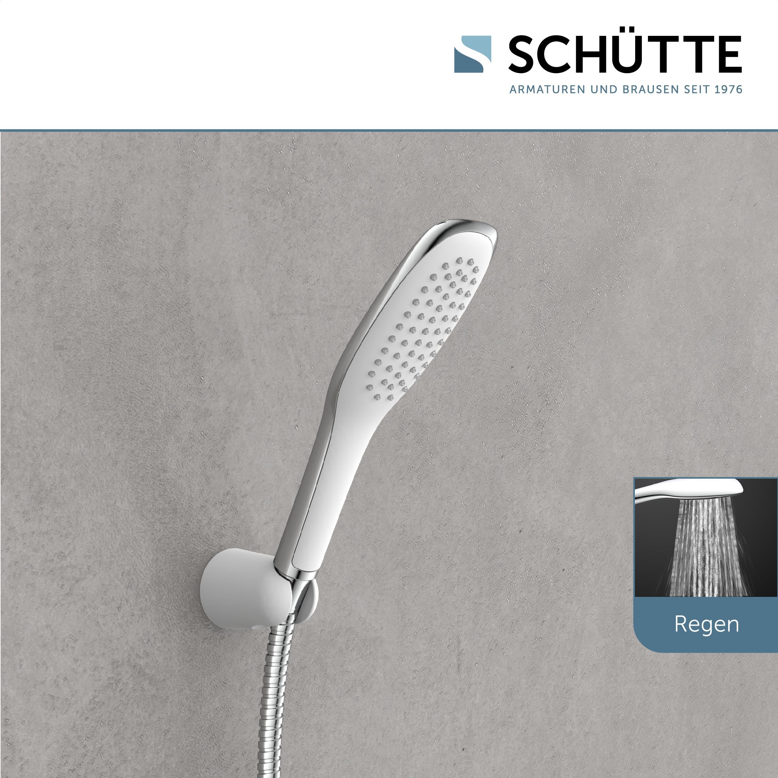SCHÜTTE MADAGASKAR Regendusche mit Handbrause, Duschsystem in weiß mit praktischer Ablage und Wandhalterung, Duschset für Duscharmaturen, 120 cm