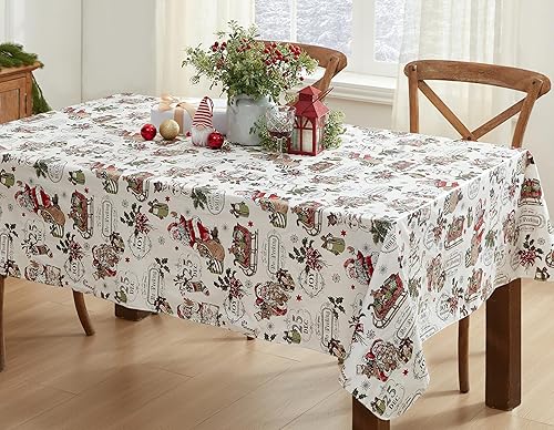 Newbridge - Mantel de vinilo con estampado de Papá Noel, muñeco de nieve y trineo, diseño vintage, fácil de limpiar, decoración navideña