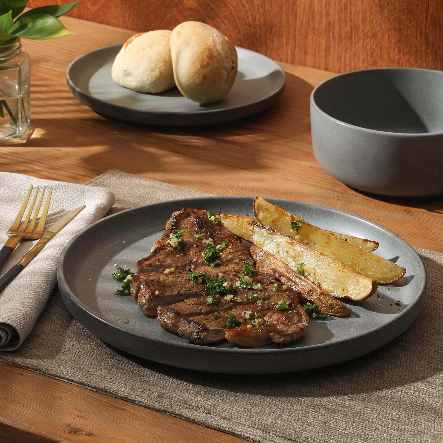 Gibson Elite Pasco 12 Piece (Service for 4) Plates and Bowls Reactive Glaze Dishes Stoneware Ceramic Dinnerware Set - Grey - Image 5