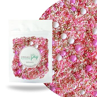 Sprinkle Pop Pink Velvet Sprinkle Mix| Pastel Pink and White Sprinkles with Edible Metallic Dragees| Decorating Sprinkles Made in USA for Princess Baby Shower Gender Reveal Cake Cupcakes Cookies, 2oz