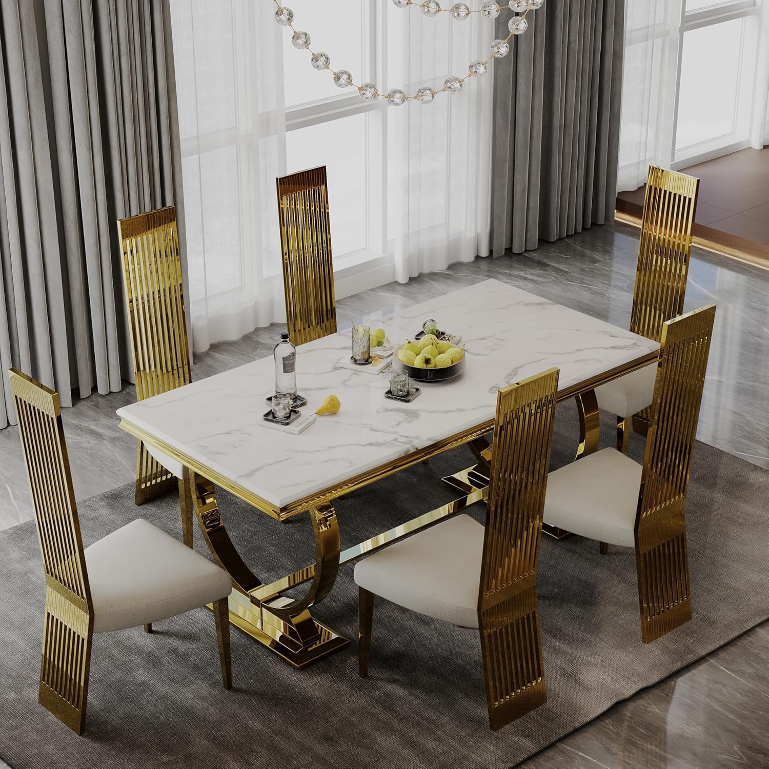7-Piece Dining Table Set, Luxury White and Gold Dining Room