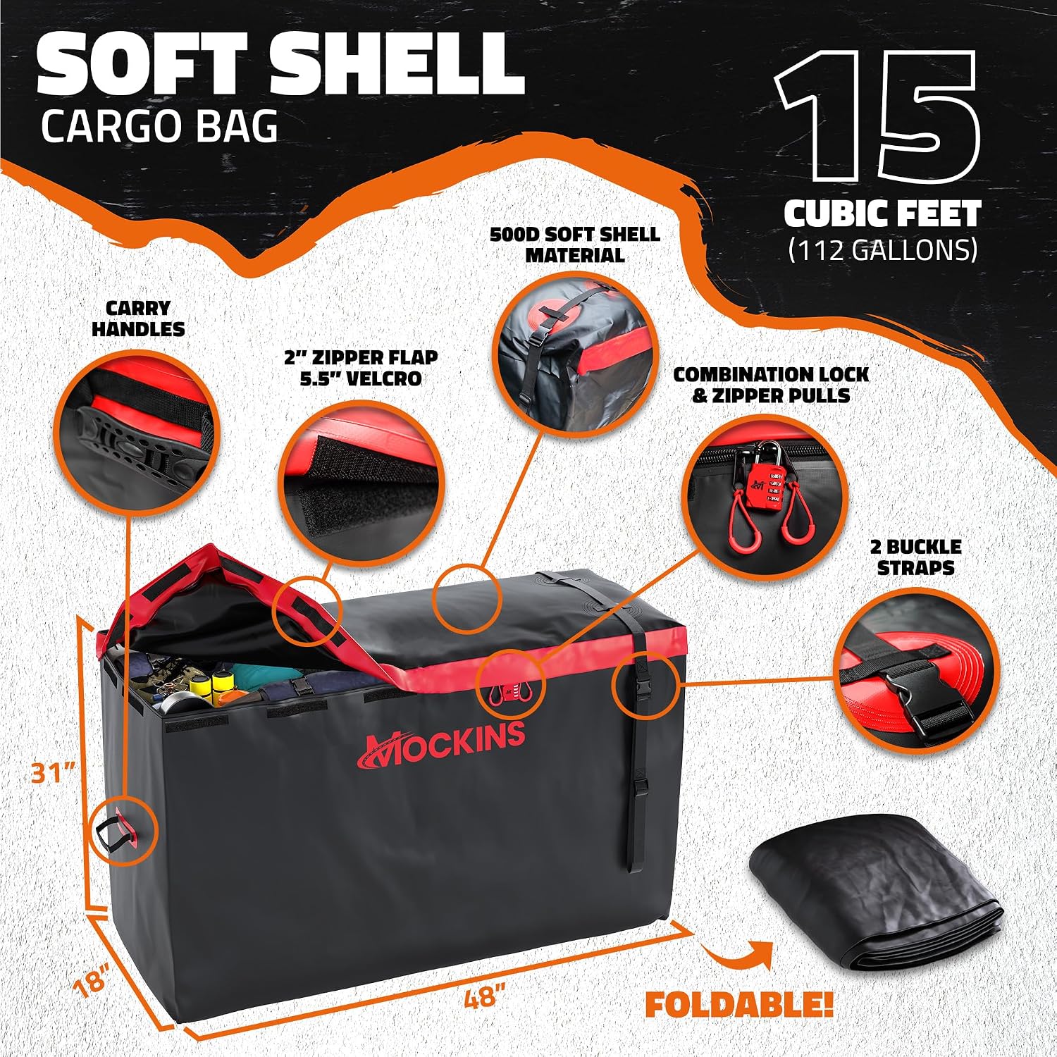 Mockins 48"x18"x6" Folding Trailer Hitch Cargo Carrier & 15 CuFt Cargo Bag image 3