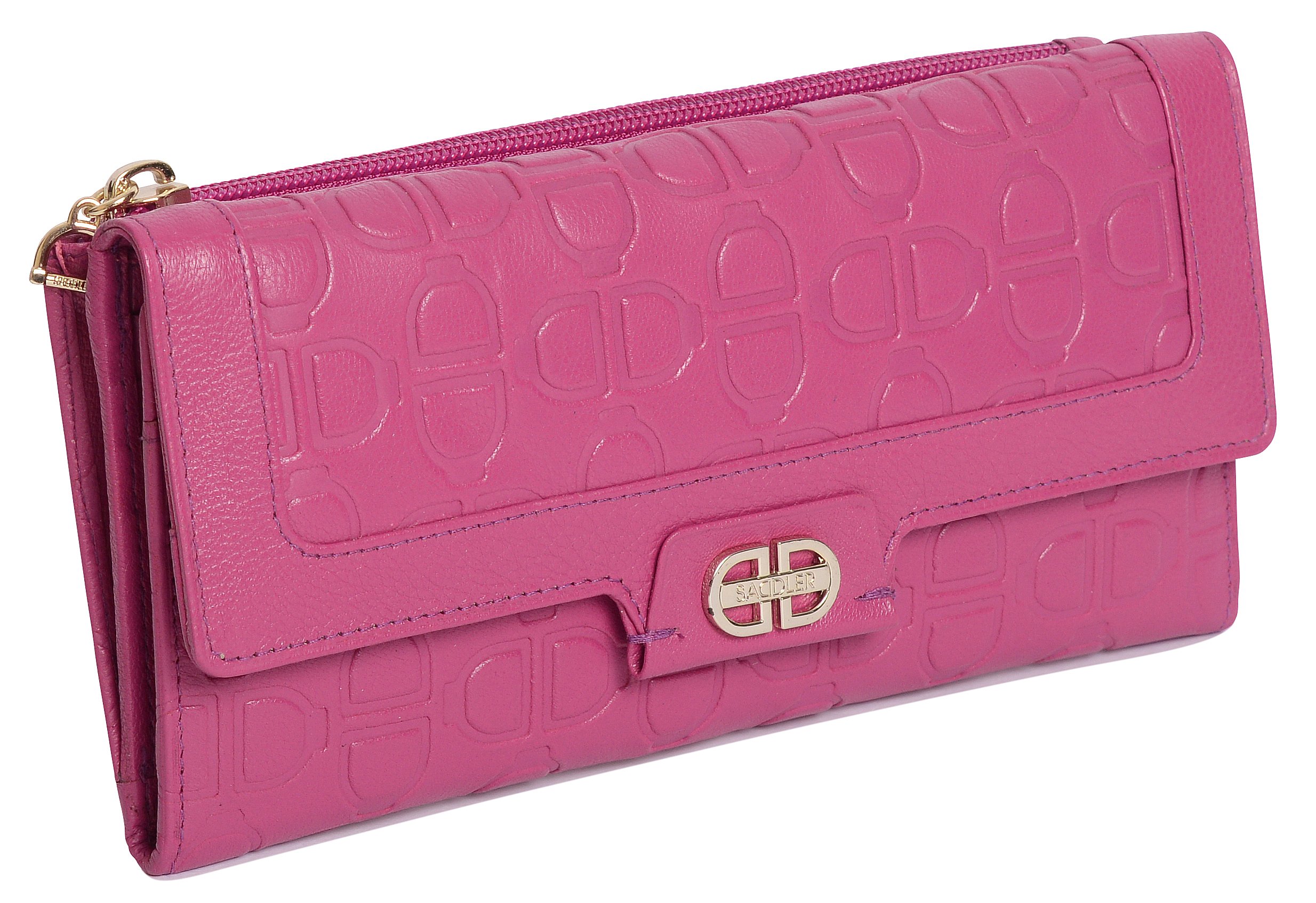 SADDLER Womens Large Real Leather Trifold Credit Card Purse Wallet with Zippered Coin Pockets | Perfect for Debit Travel Business Cards Notes and Coins | Gift Boxed - Fuchsia