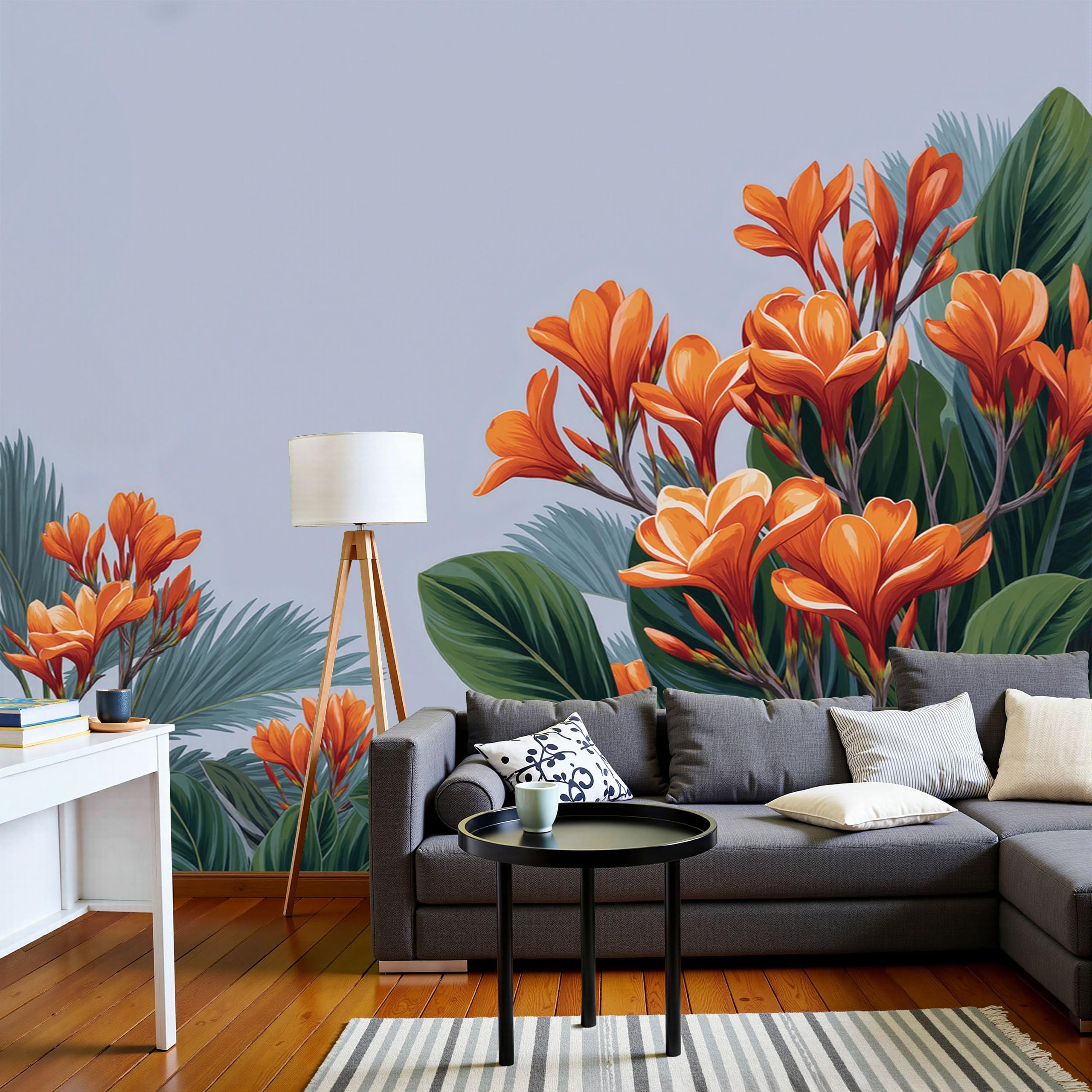 Papier peint feuilles de fleurs tropicales plantes poster mural panoramique bleu-vert