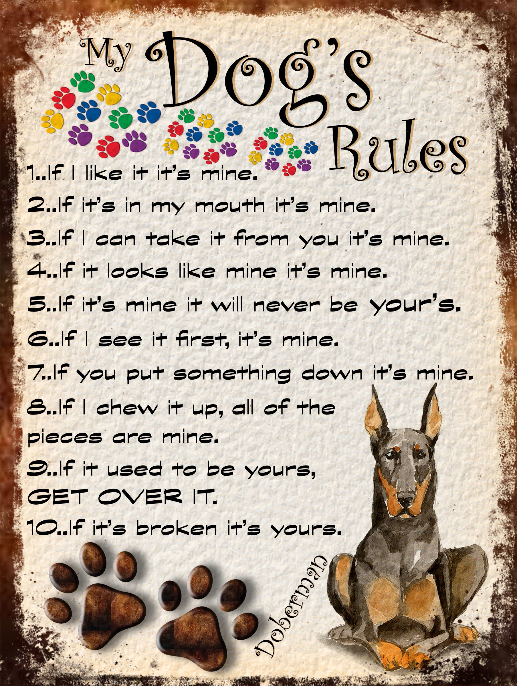 MY DOG'S RULES RETRO STYLE METAL TIN DOBERMAN DOG SIGN/PLAQUE THEME 10" X 8" (66DRM)
