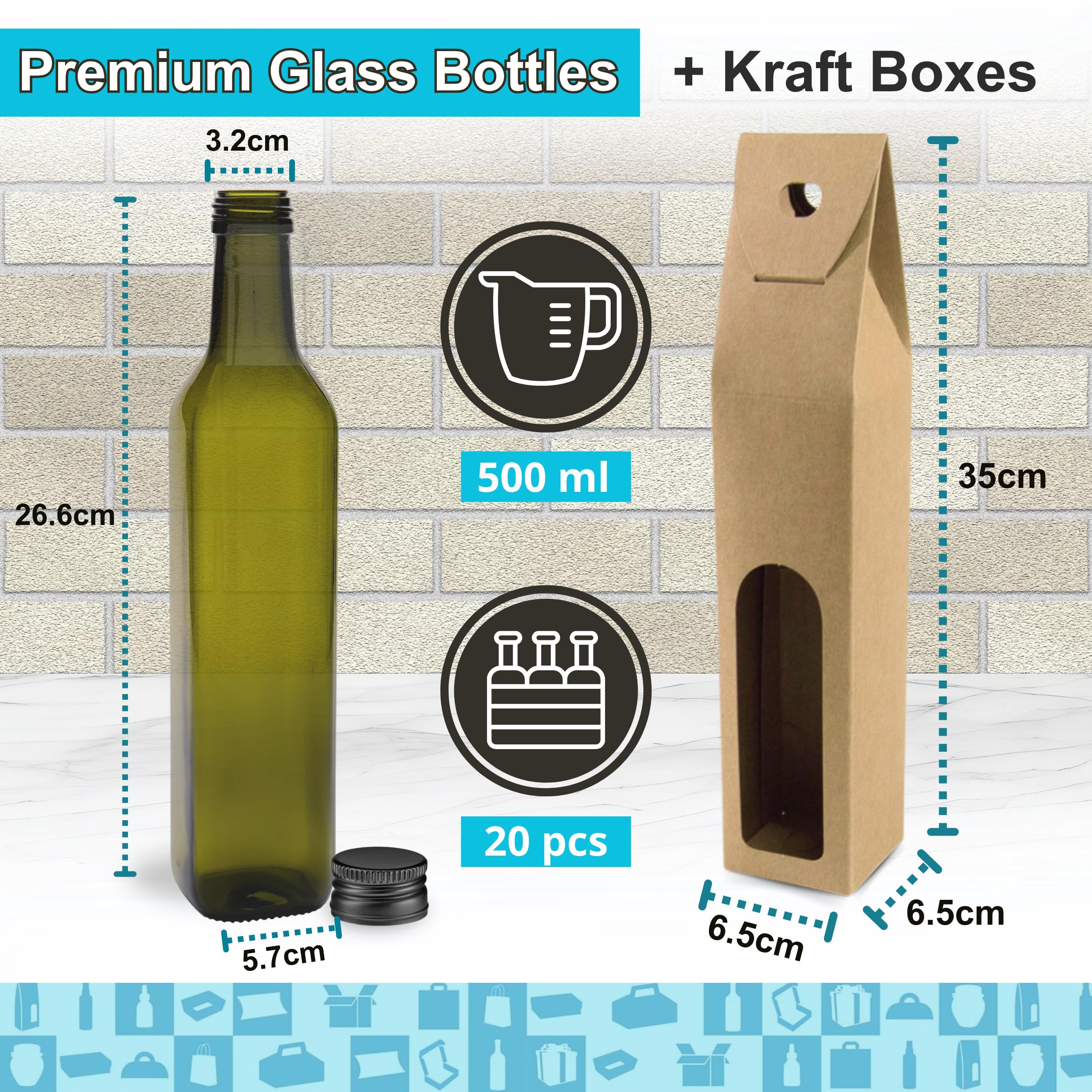 Espirito Rebelde 20 Flaschen aus dunklem Glas, 500 ml, mit schwarzem Schraubverschluss + 20 Dosen | Olivenöl, Essig, Alkohol | Ölflasche aus Glas
