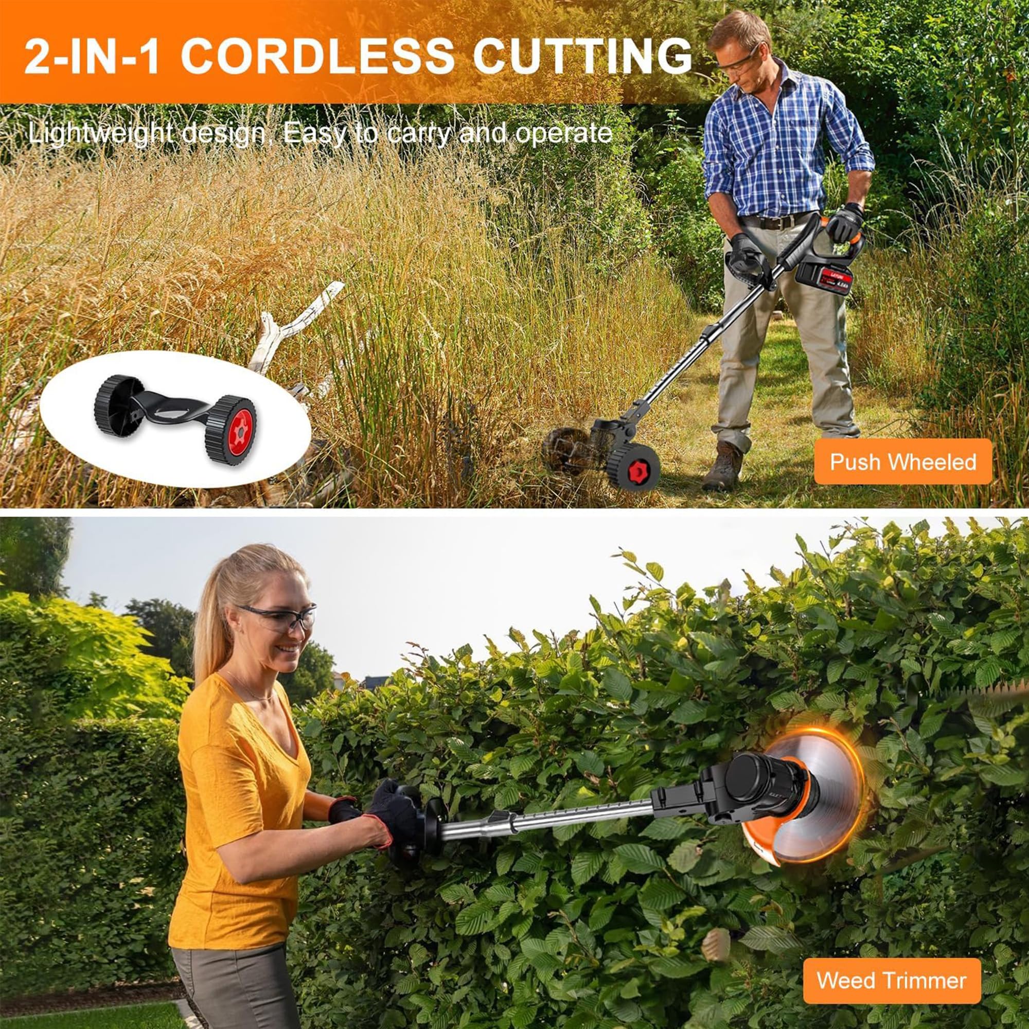 Cortabordes inalámbrico con 2 baterías de 4,0 Ah y Cargador rápido, Potente cortabordes eléctrico de 21 V para desbrozar maleza en el jardín (con Ruedas)