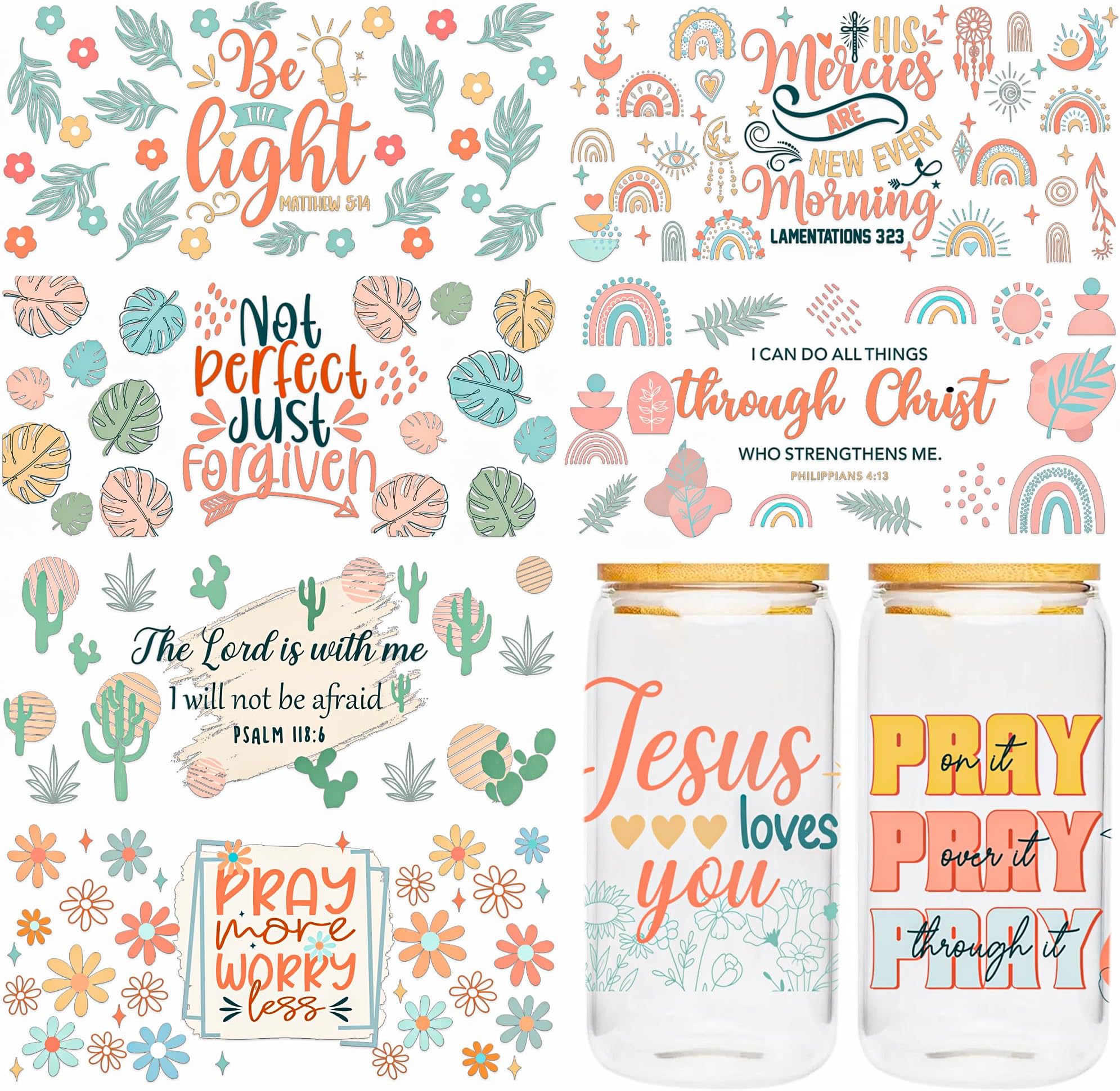 UV DTF Cup Wrap - 8 Sheets Boho Bible UV Transfer Sticker for 16 OZ Glass, Boho Retro Style, Inspirational Quotes, Bible Verse, Flower Plant, Christian Gifts, Waterproof Rub on Transfer