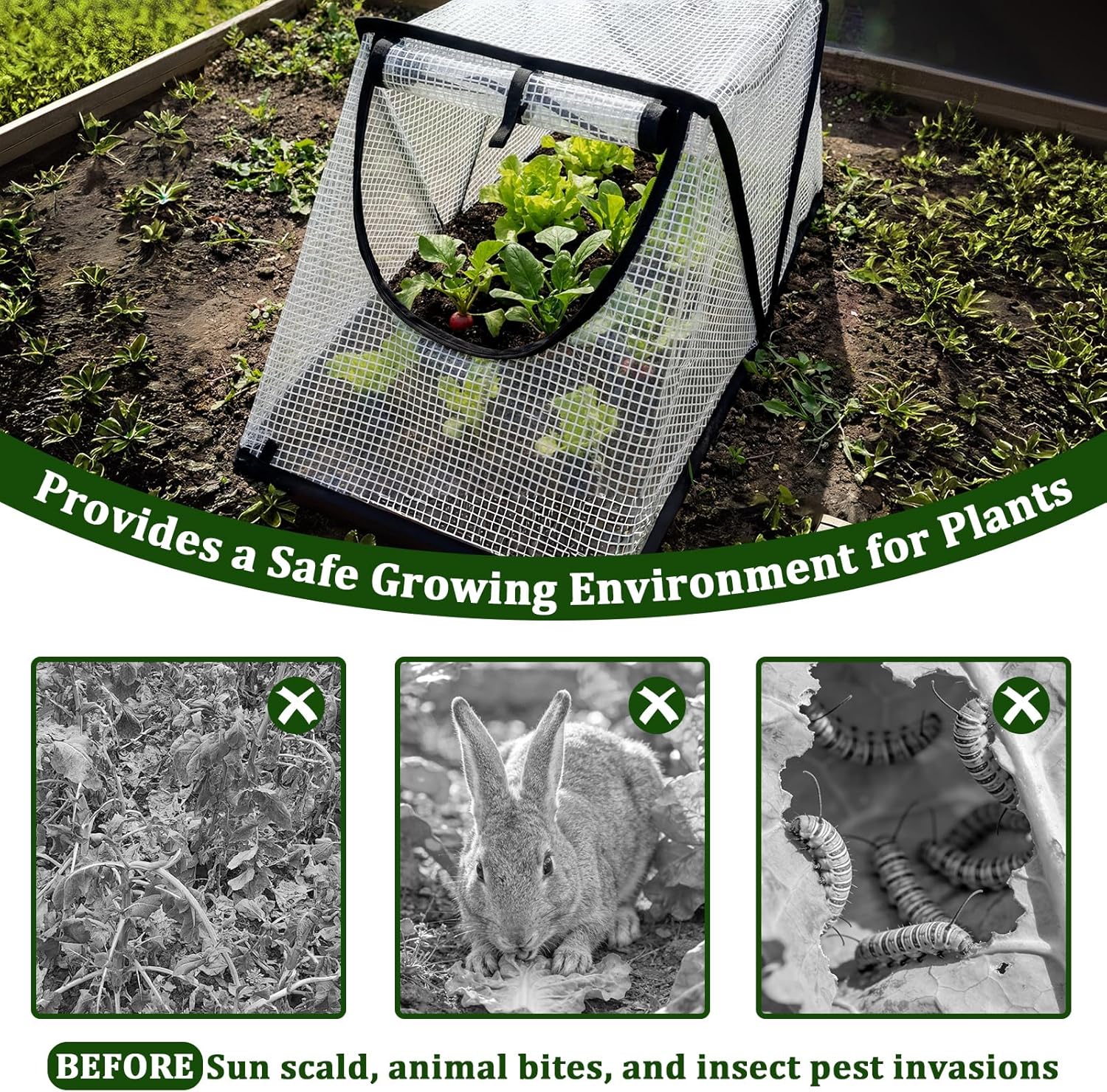 33"×14.5"×14.17" Foldable Garden Row Accelerator Plants Cover 2PCS with Zipper Door Waterproof Small Greenhouse Plant Cage Guard Protector for Vegetable Flower from Animals with 8PCS Ground Stakes