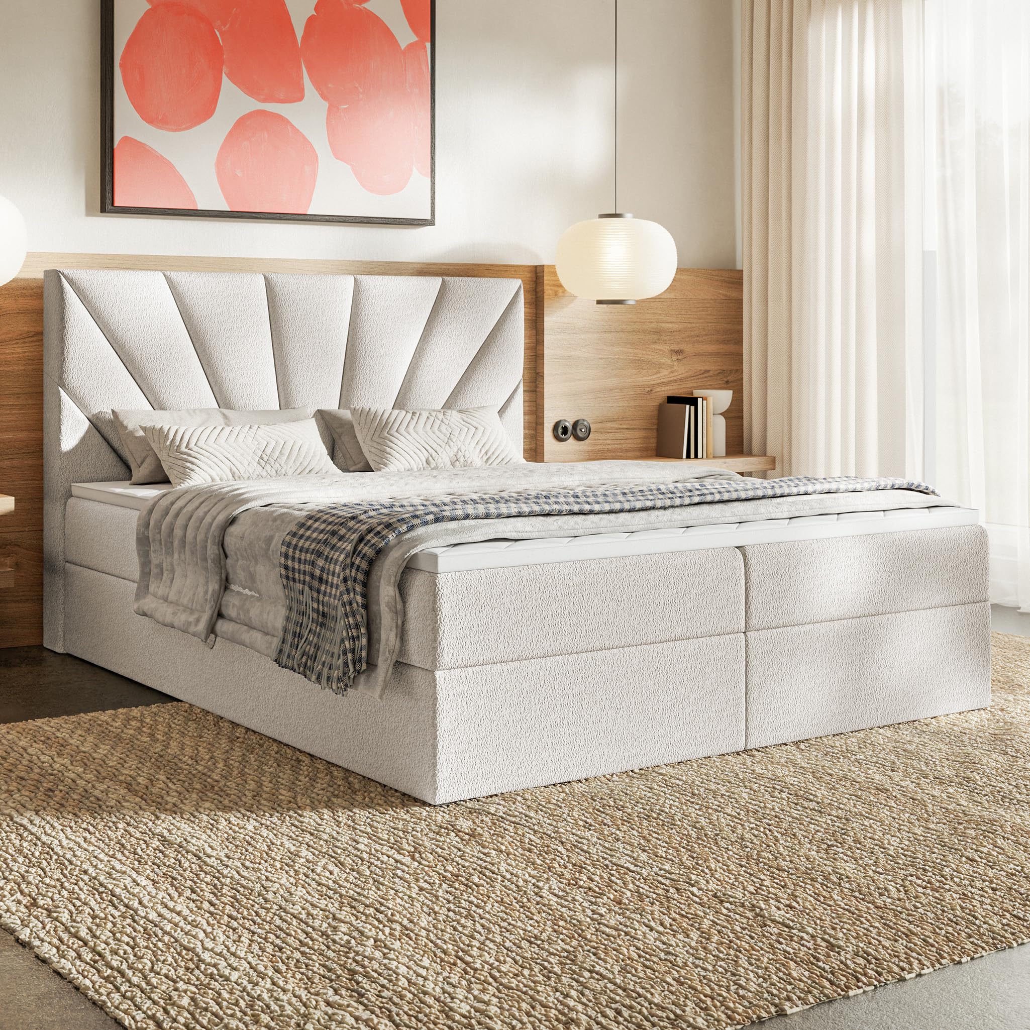 MOTIVENA Aspen Lit Boxspring 120x200 Complet avec Matelas (Ressorts Bonnell H4) et Surmatelas (Mémoire de Forme H2), avec Rangement, Bouclé, avec Tête de Lit Coffre 120x200 Blanc Lait