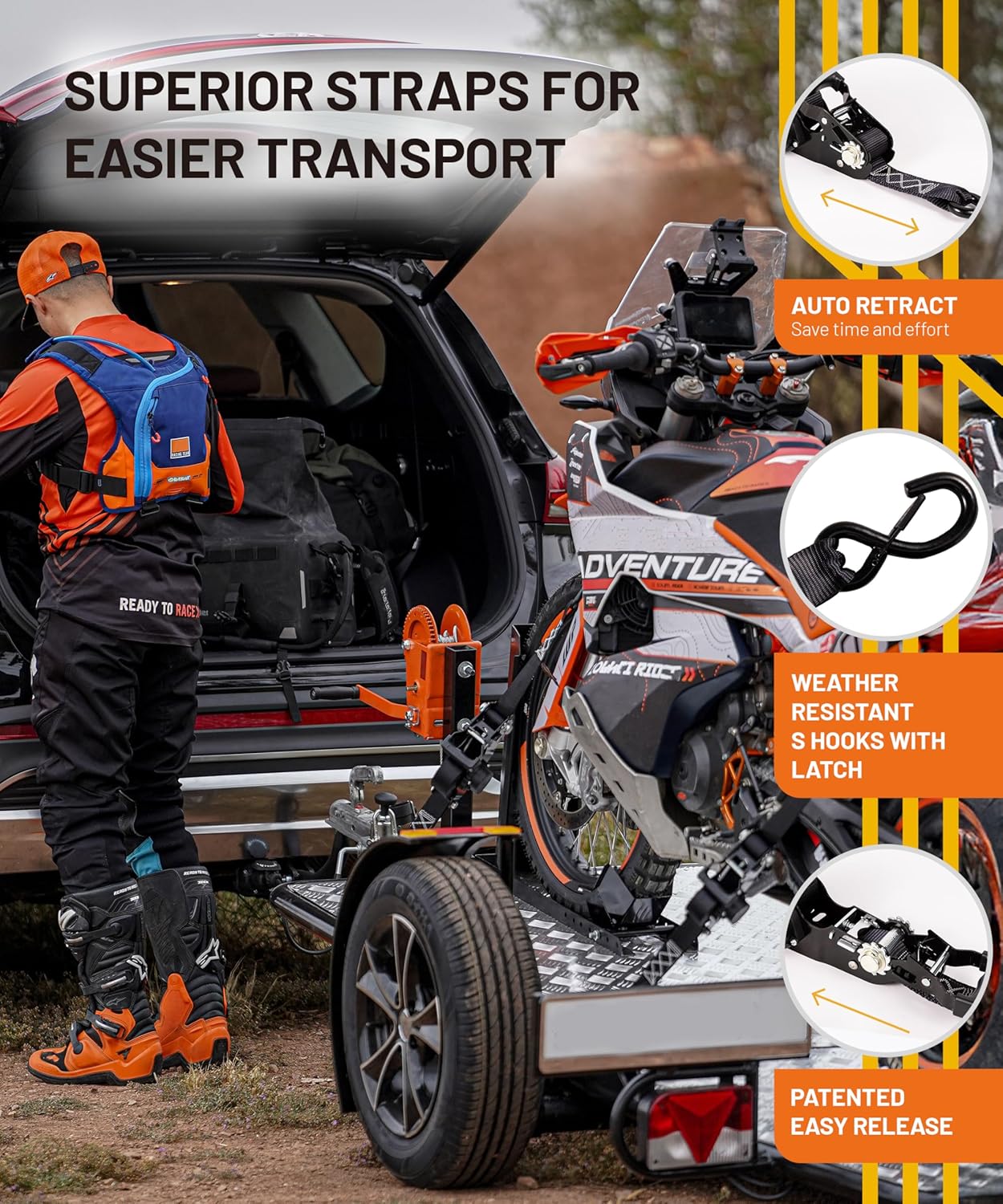 Strapinno 2PCs Retractable Ratchet Tie-Down Straps with Safety S Hooks & Soft Loop Straps - 1.5 in x 12 ft Heavy Duty Ratchet Strap to Secure ATV, Motorcycles, Cargo,4,850 lbs Break Strength (Black) - Image 5