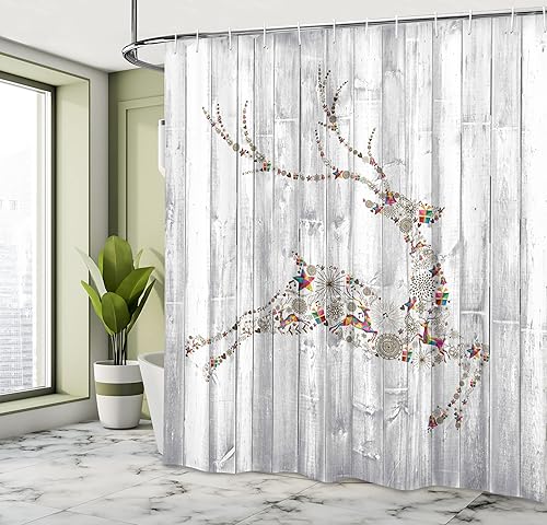 Miniatura 4 de Ambesonne - Cortina de regadera de ciervo, silueta de animales coloridos, varios elementos navideños, tema de tablones de madera, juego de