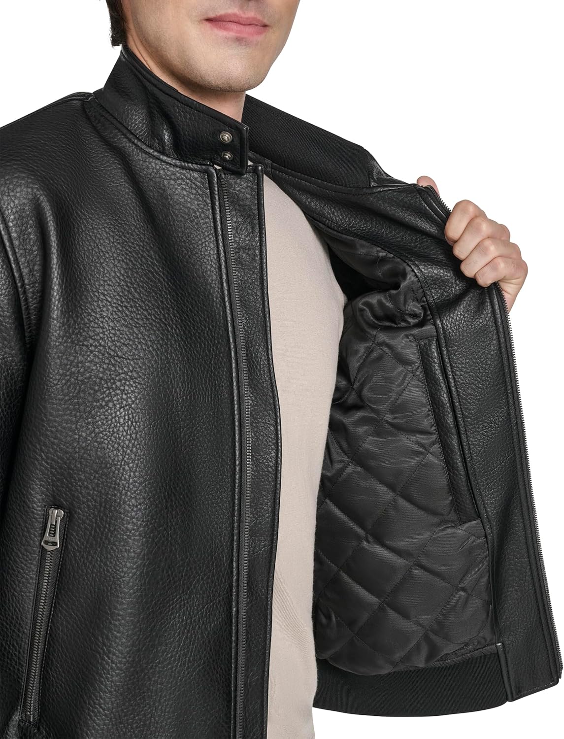 Cole Haan Men's Stand Collar Pebbly Texture Faux Leather Jacket