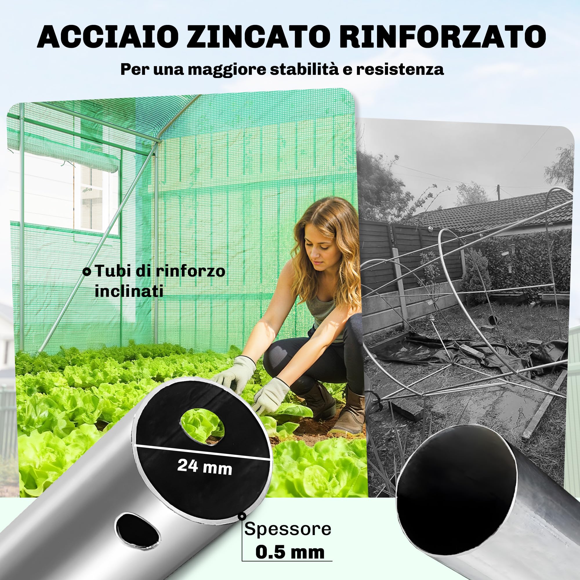 Outsunny Serra a Tunnel 6x3x2 m con 3 Porte Avvolgibili, 6 Finestrelle, Picchetti e Funi, Serra da Giardino per Orto e Piante in Acciaio Zincato e PE, Verde