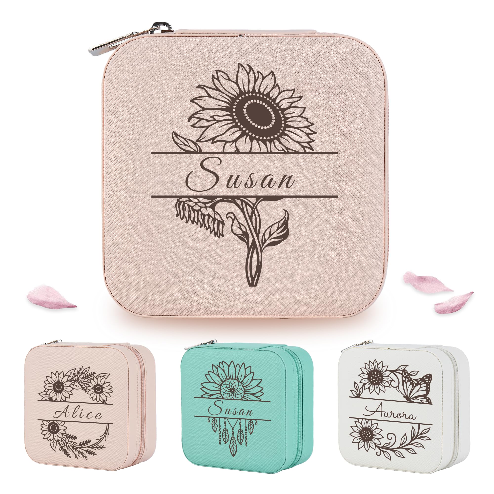 Personalized Leather Jewelry Box for Women Custom Travel Jewelry Case with Name Sunflower Design Gift for Her for