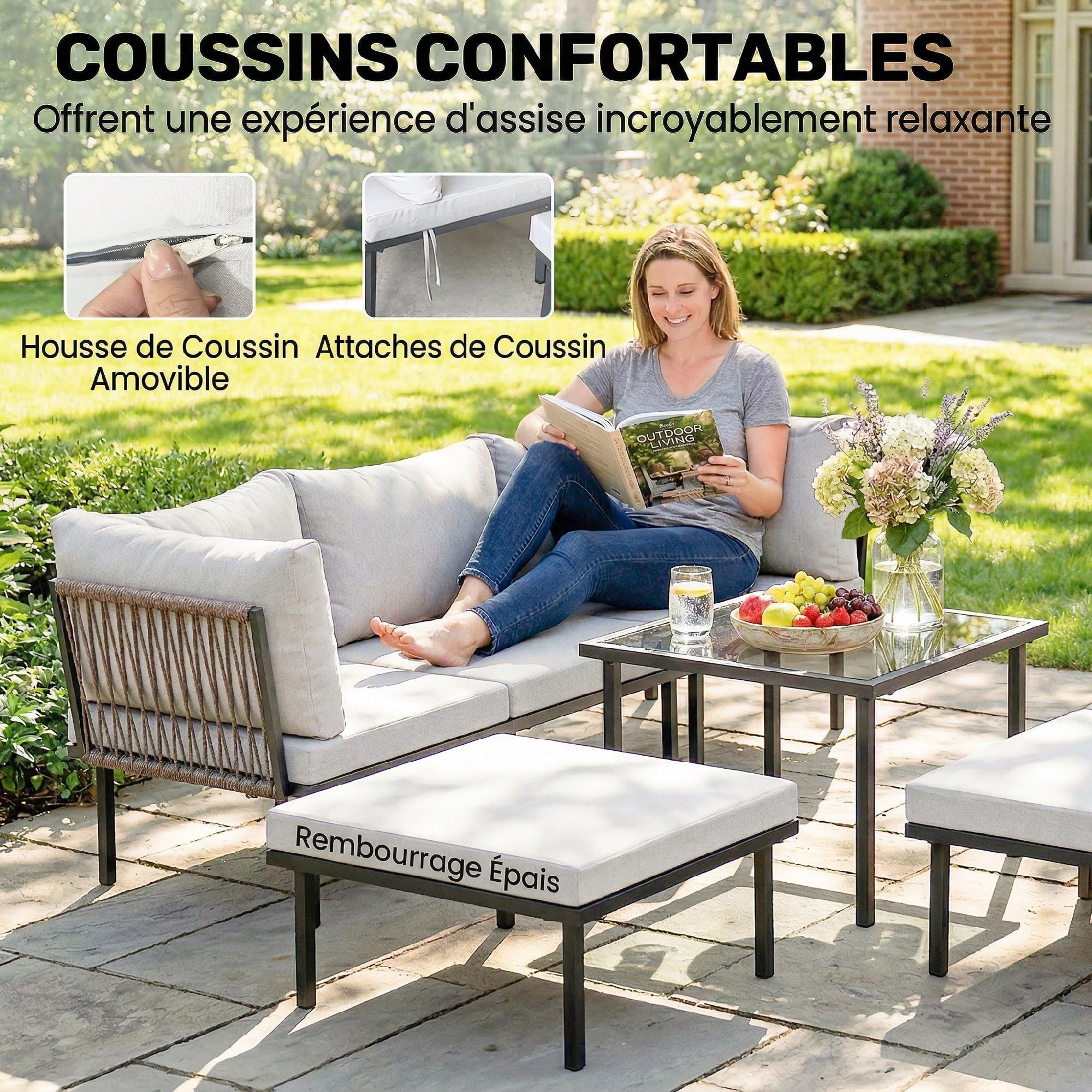 Outsunny Salon de Jardin Extérieur d'angle Modulable 6 Personnes Gris Clair