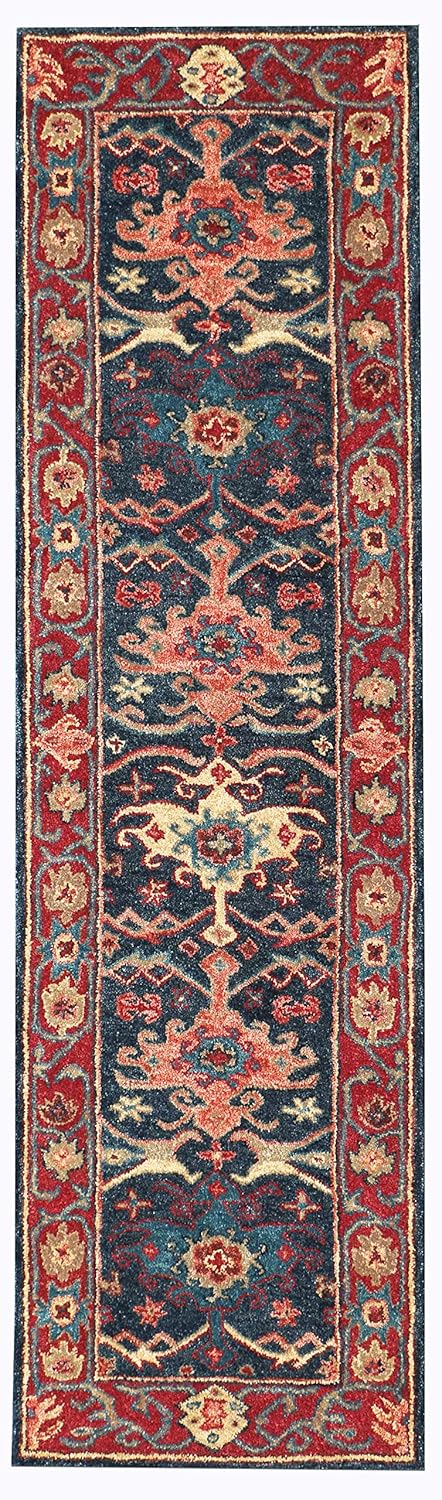 Aurelia Natural & Blue Traditional Oriental Old Antique Style 100% Woolen Area Rug (Blue, 2.6 x 9' Runner)