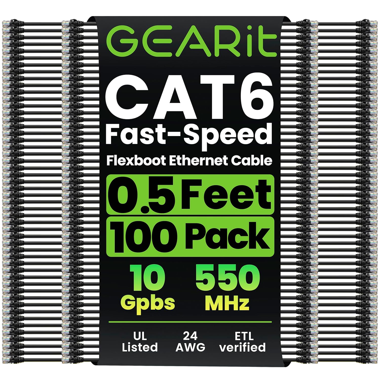 GEARit 100-Pack Cat6 Patch Cable 0.5 Foot / 6 Inches Cat 6 Ethernet Cable Snagless Flexible Soft Tab - Premium Series - Black