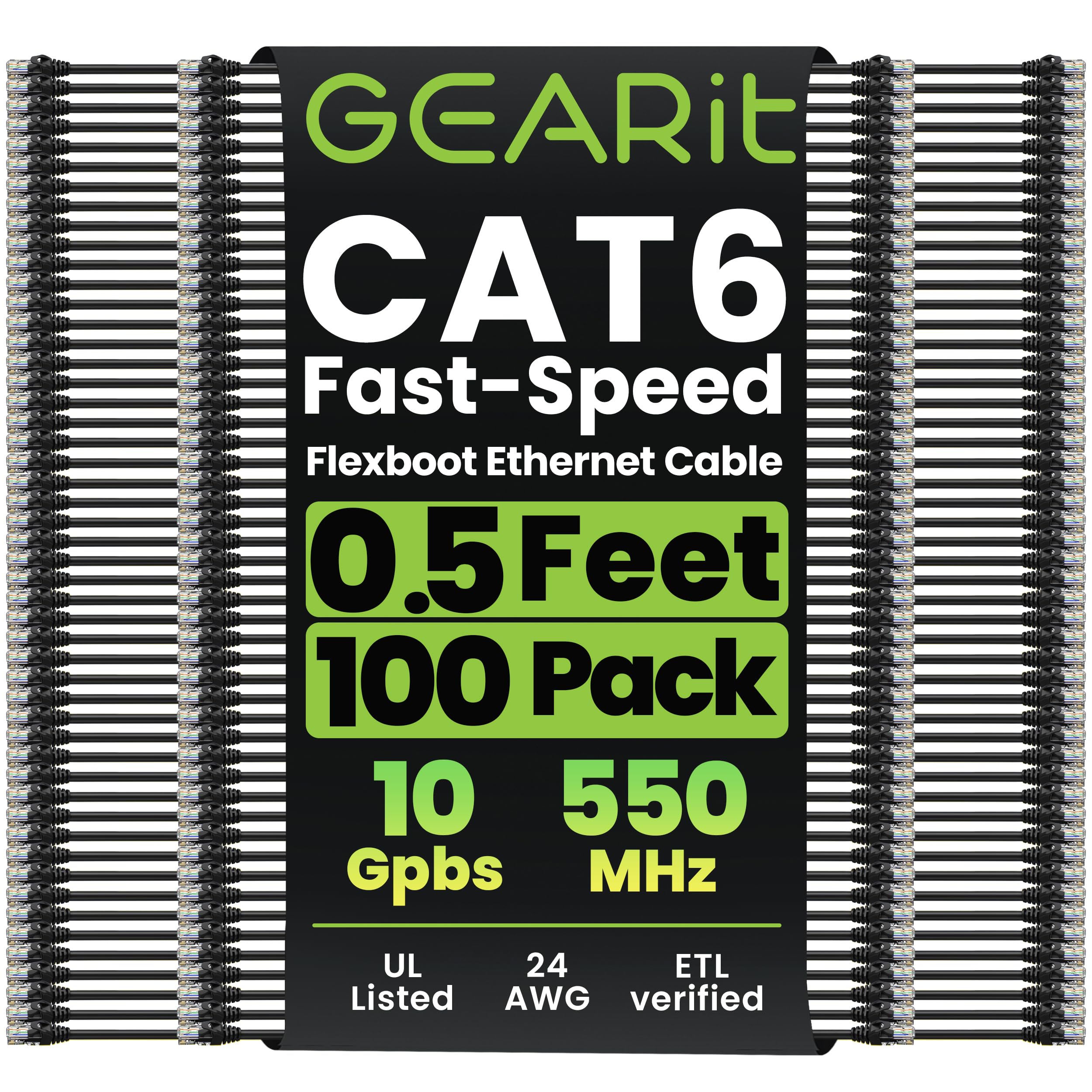 GearIT Cavo Cat6 da 0,2 m, 15,2 cm (confezione da 100), cavo Ethernet Cat6, cavo patch Cat6, cavo patch Cat 6, cavo di rete, cavo Internet, nero 0,5 m