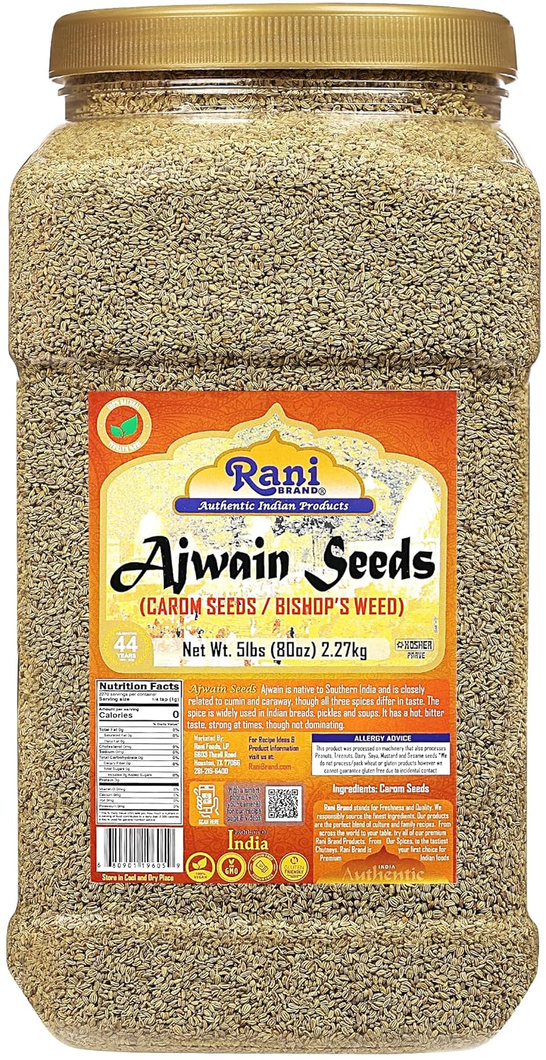 Rani Ajwain Seeds (Carom Bishops Weed) Spice Whole 80oz (5lbs) 2.27kg Bulk PET Jar ~ All Natural | Vegan | Gluten Friendly | NON-GMO | Kosher | Indian Origin