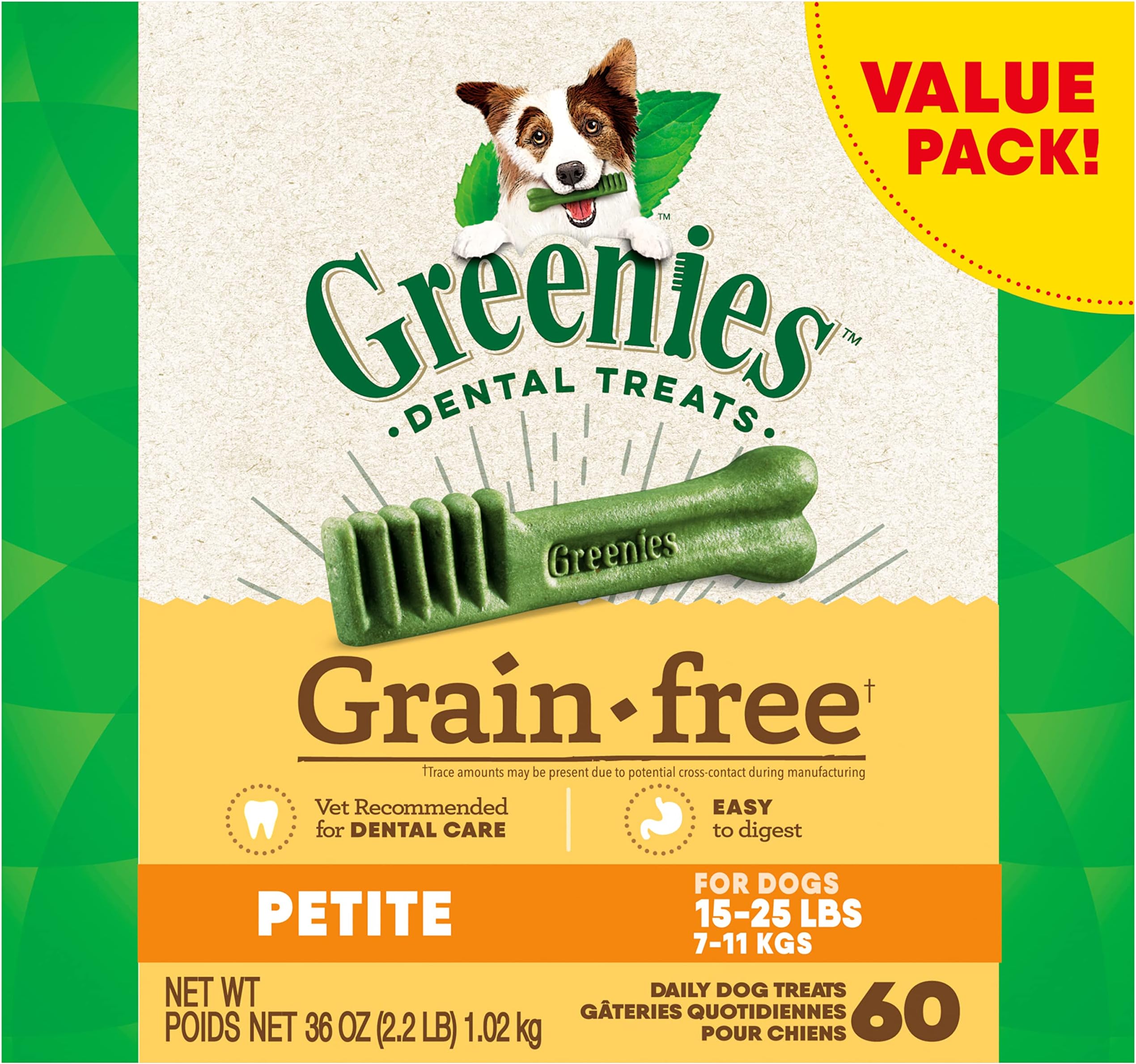 Greenies Grain Free Petite Natural Dental Care Dog Treats, 36 oz. Pack (60 Treats)