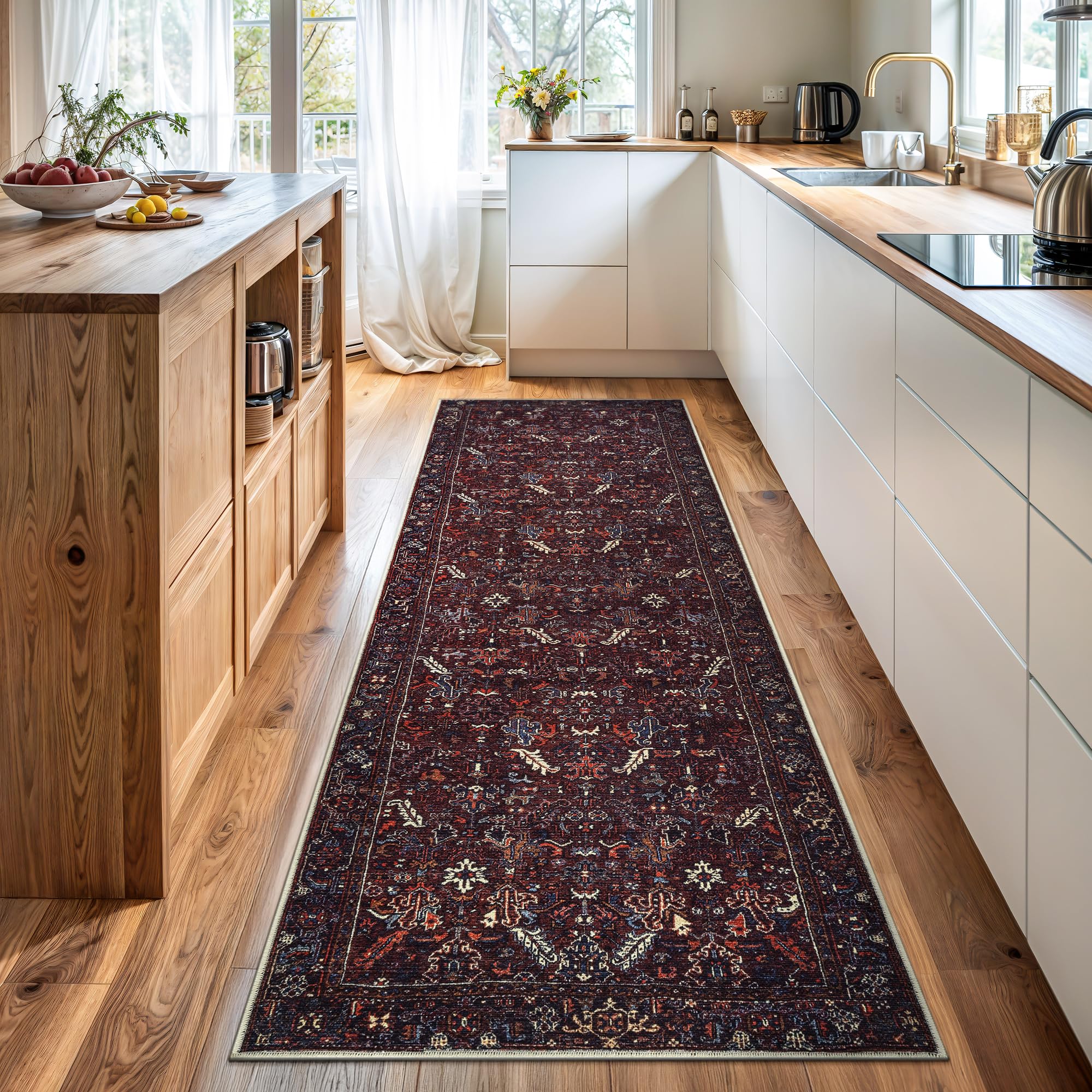 Bloom Rugs Washable Non-Slip 10 ft Runner - Burgundy Traditional Bordered Runner for Entryway, Hallway, Bathroom, and Kitchen - Exact Size: 2.5' x 10'