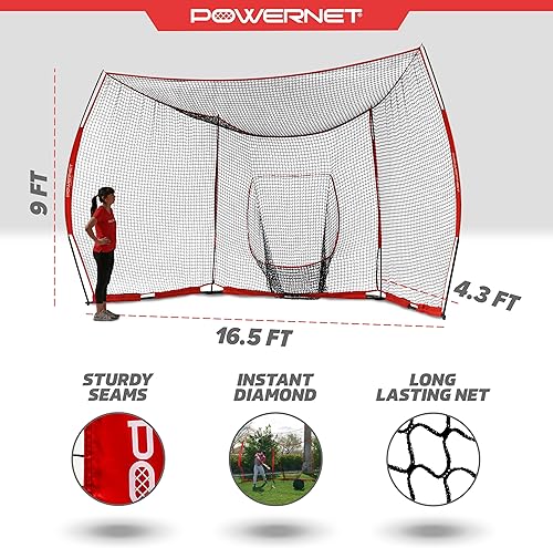 Miniatura 3 de PowerNet Respaldo de béisbol portátil, red de sóftbol y béisbol plegable de 16 pies x 9 pies para batear y lanzar, jaula de bateo al aire libre para