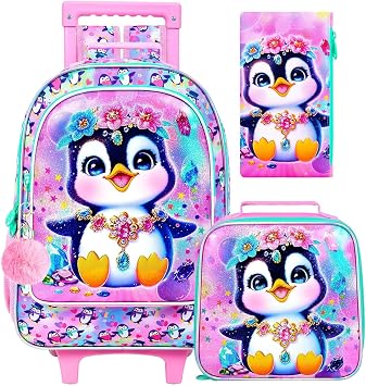 3Pcs Rolling Backpack for Girls, Penguins Kids School Backpacks with Wheels, Roller Bookbag with Lunch Box for Elementary PreschoolPink
