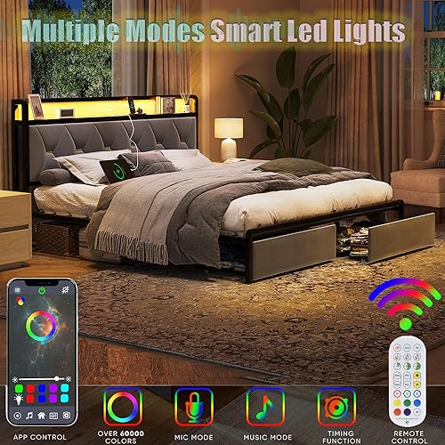 Miniatura 5 de Ailisite Base de cama tamaño Queen con cabecera de almacenamiento y estación de carga tipo C, marco de cama tapizado gris con 2 cajones de