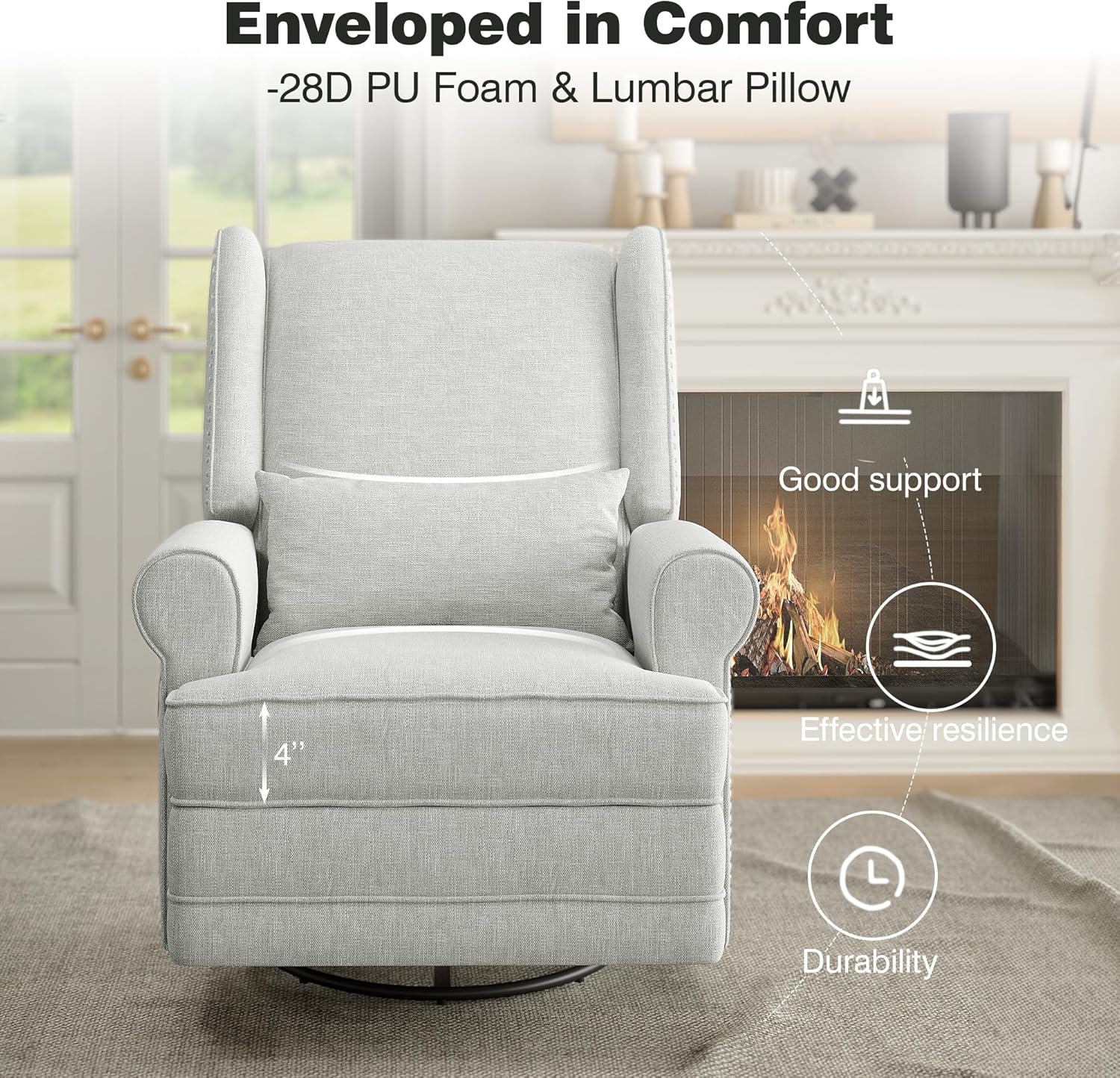 RoyalCraft Swivel Recliner Chair with Extra Large Footrest, Comfy Upholstered Glider Rocking Chair for Living Room, Bedroom and Office, Off White