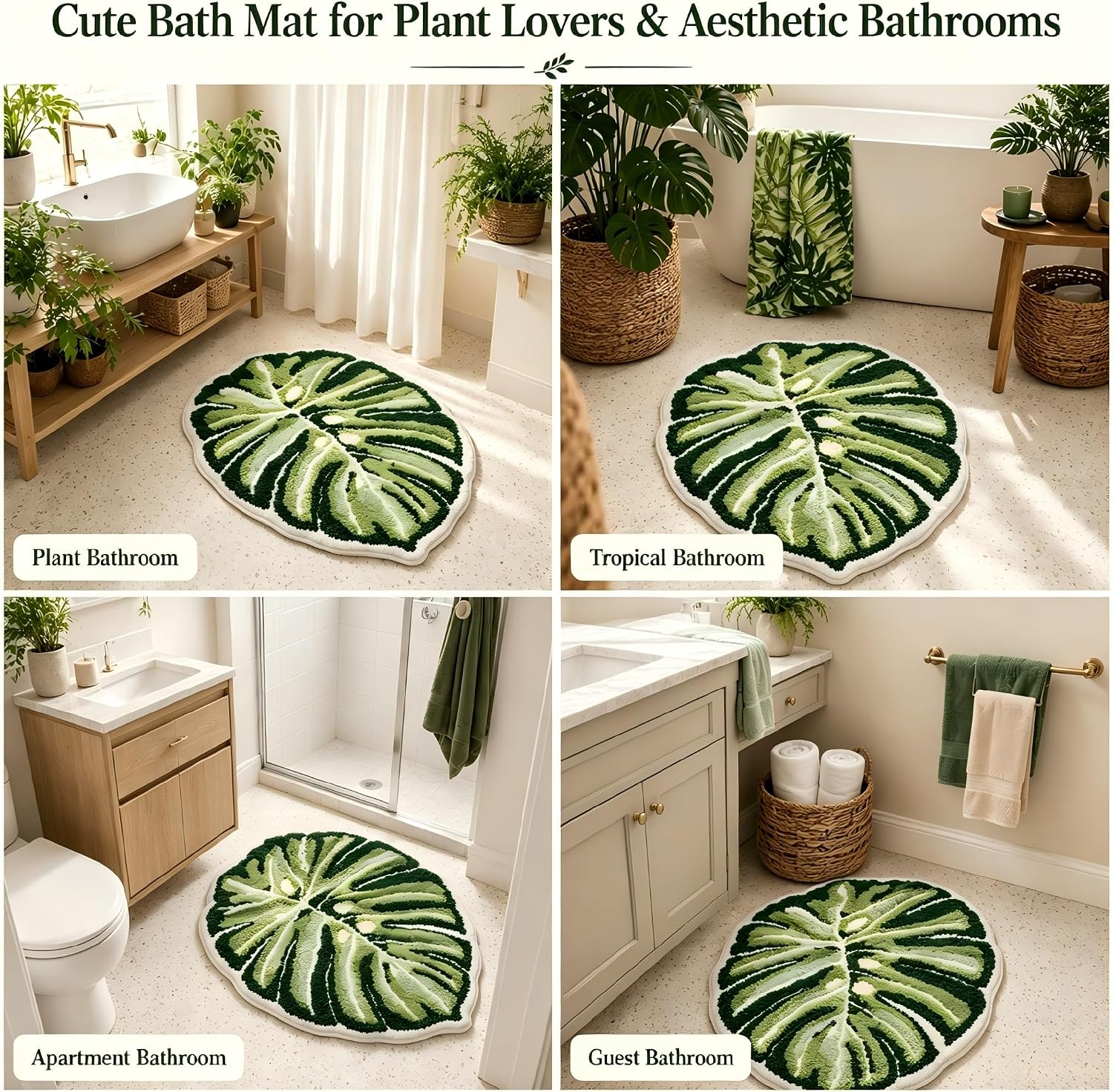 Monstera Bath Mat, Green Leaf Bathroom Rug, Soft Non Slip Washable | Washable Plant Bath Mat for Tropical Green Boho Bathroom Decor ( 21" x 26")