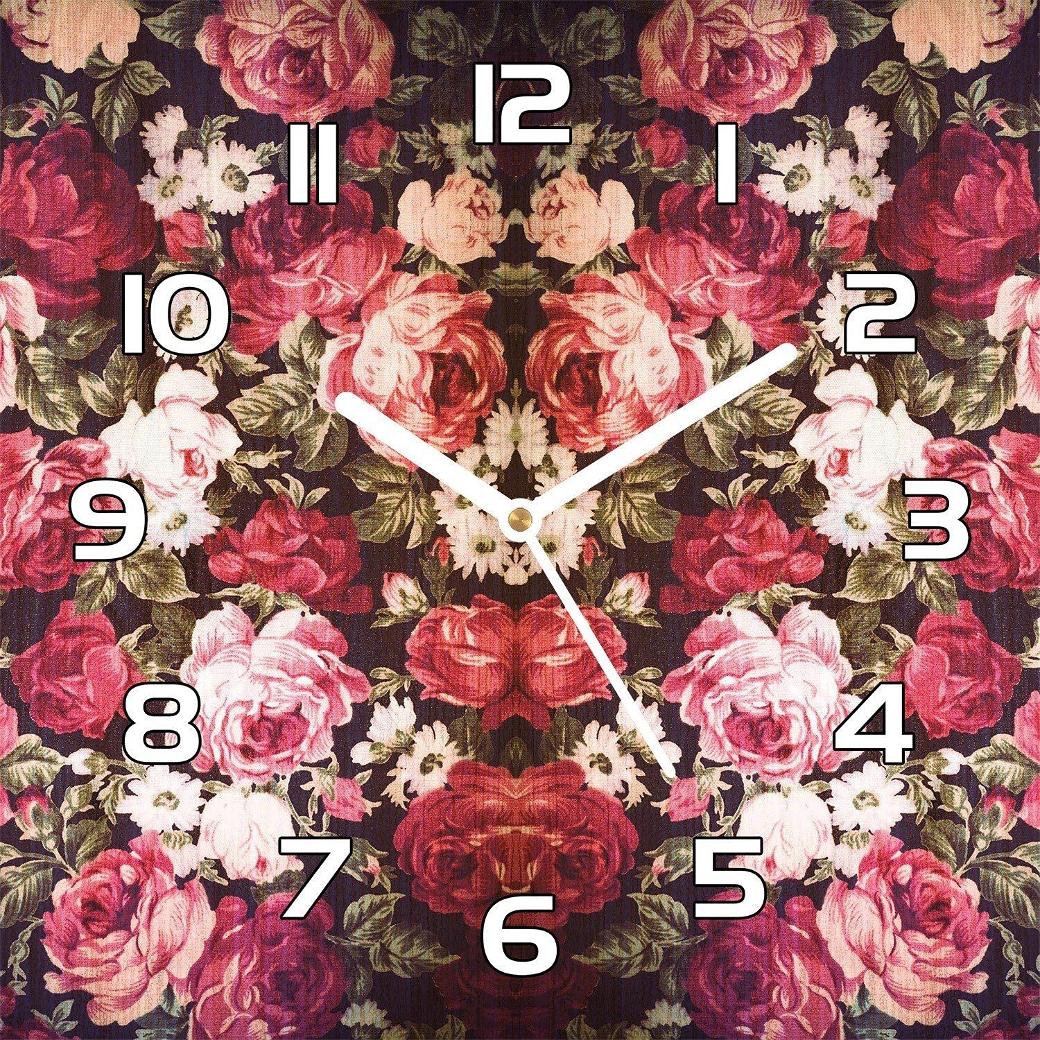 Horloge en verre impression moderne 30x30 cm fleurs salon