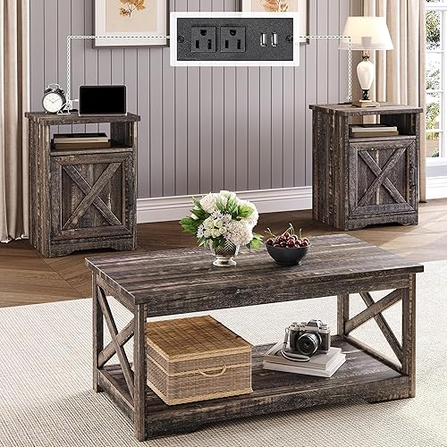 Miniatura 10 de Juego de mesa de sala de estar de 3 piezas estilo granja, incluye 1 x mesa de café, 2 x mesas auxiliares con estación de carga y puertos USB, juego