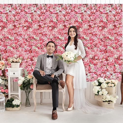 Miniatura 3 de Telón de fondo floral de primavera de 3 piezas de rosa rosa de 7 x 5 pies, fondo de pared de rosas 3D, fondo de fotos de flores para despedida de