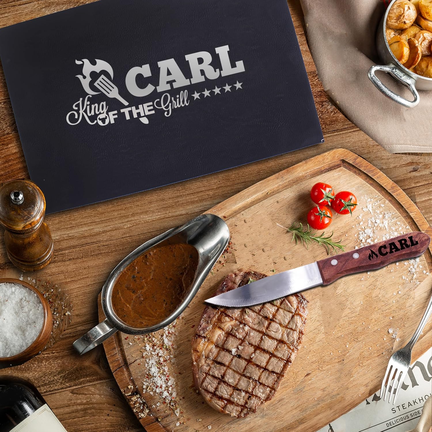 Personalized Steak Knives Gift Set of 4, 6, 8 with Oak Wood Handles - Steak Knife Gift Box
