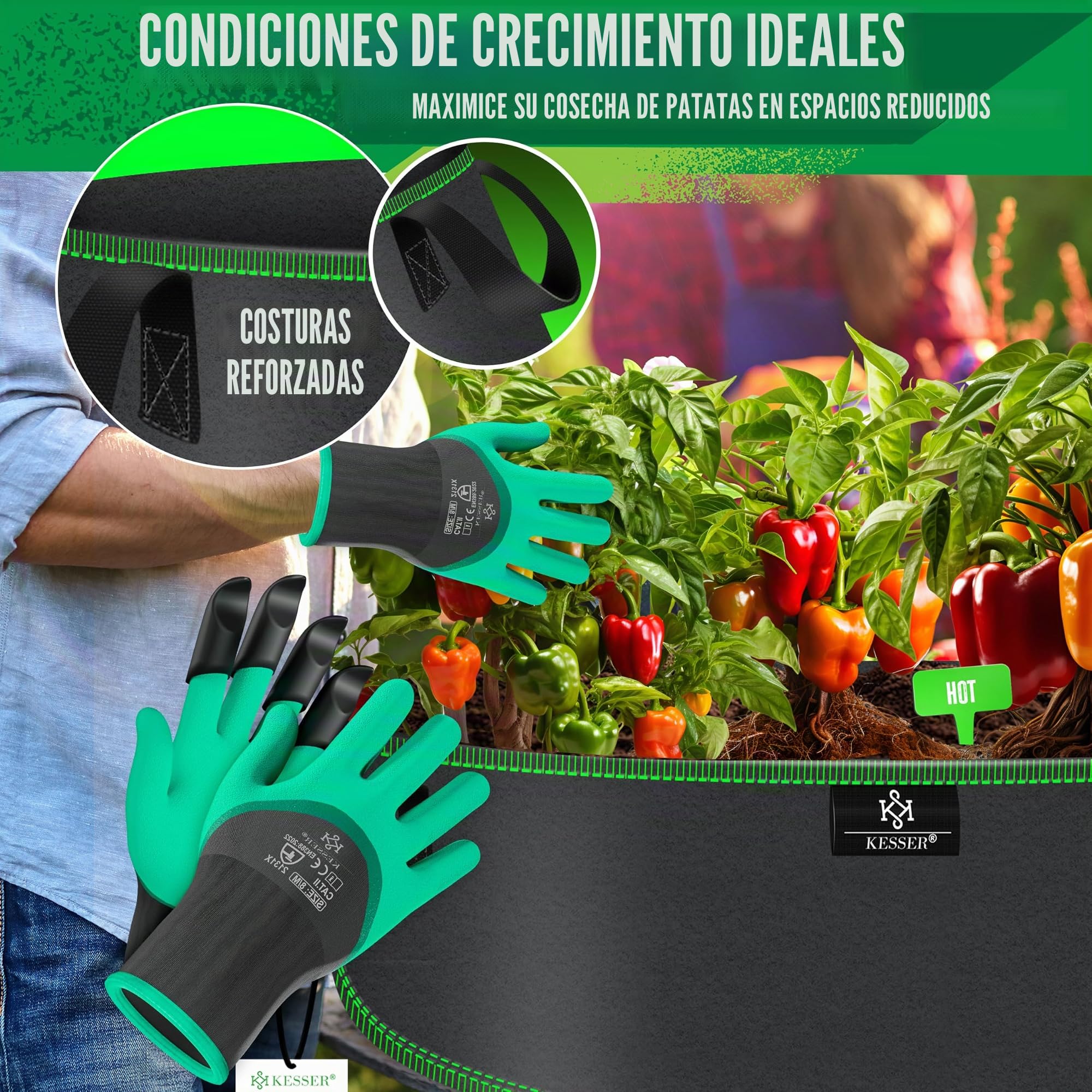 KESSER® Bolsa de Plantación 190 litros - 4er Set | Bolsas de Plantación de Tela no Tejida Incl. Etiqueta y Guantes de Jardín | Bolsa de Plantación de Patatas con Ventana y Asas - Negro