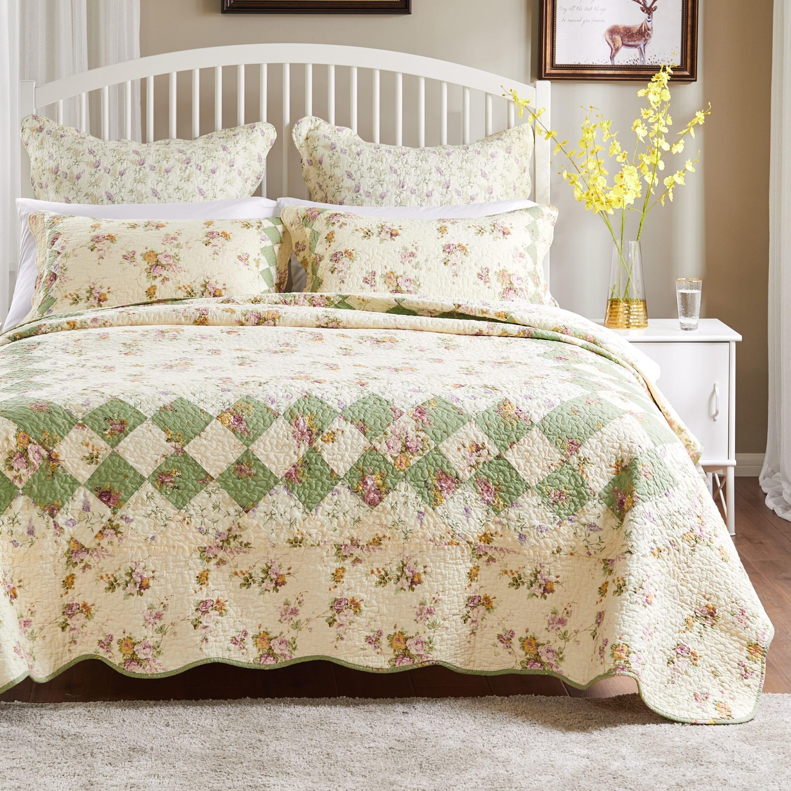 Greenland Home 100% Cotton Fashion Quilt Collection, Prewashed, Reversible Quilt Set, 3-Piece Full/Queen, Bliss