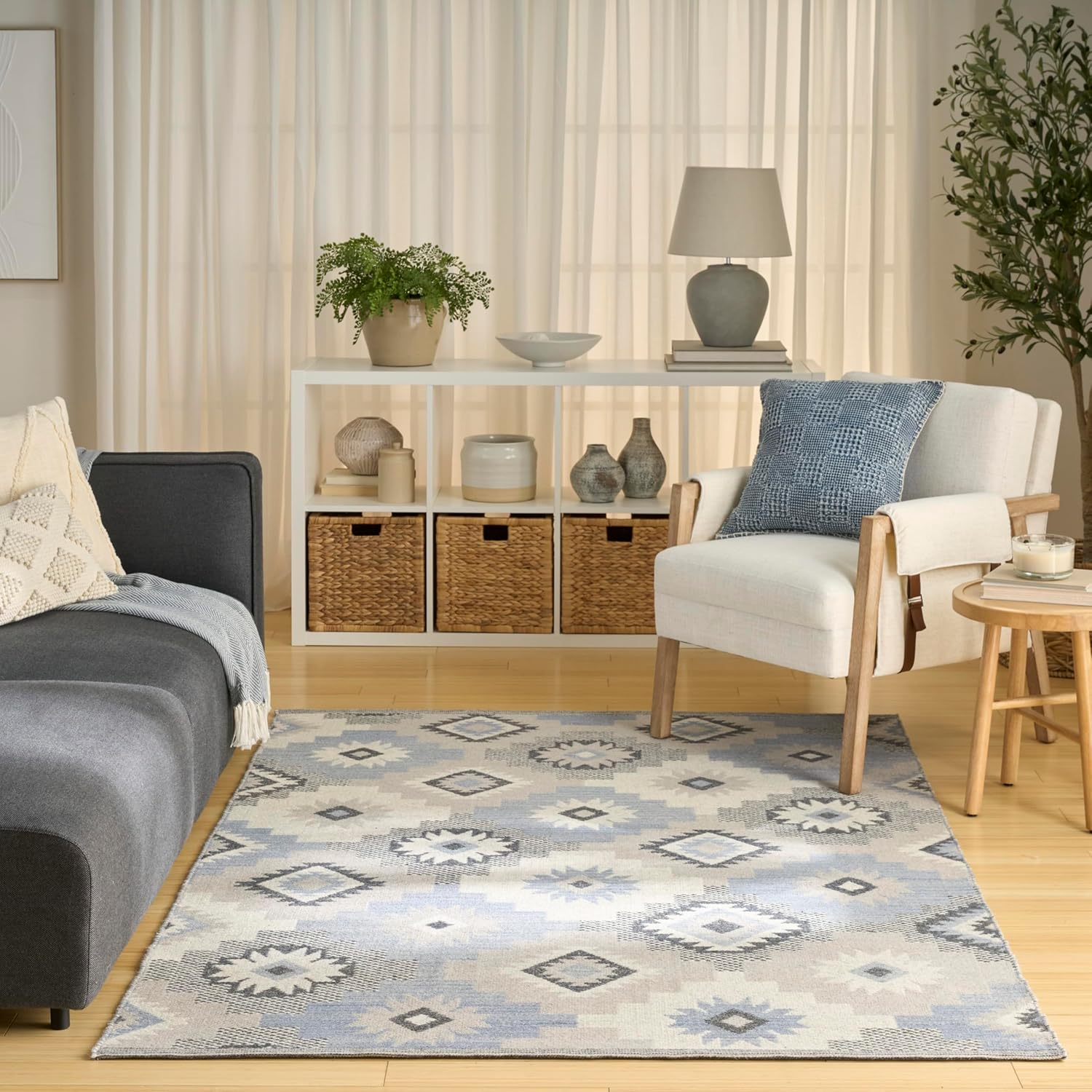 Nourison Home Copenhagen Ivory Blue 5' x 7' Area Rug - Easy Clean, Non Shedding, Bed Room, Living Room, Dining Room, Kitchen (5' x 7')