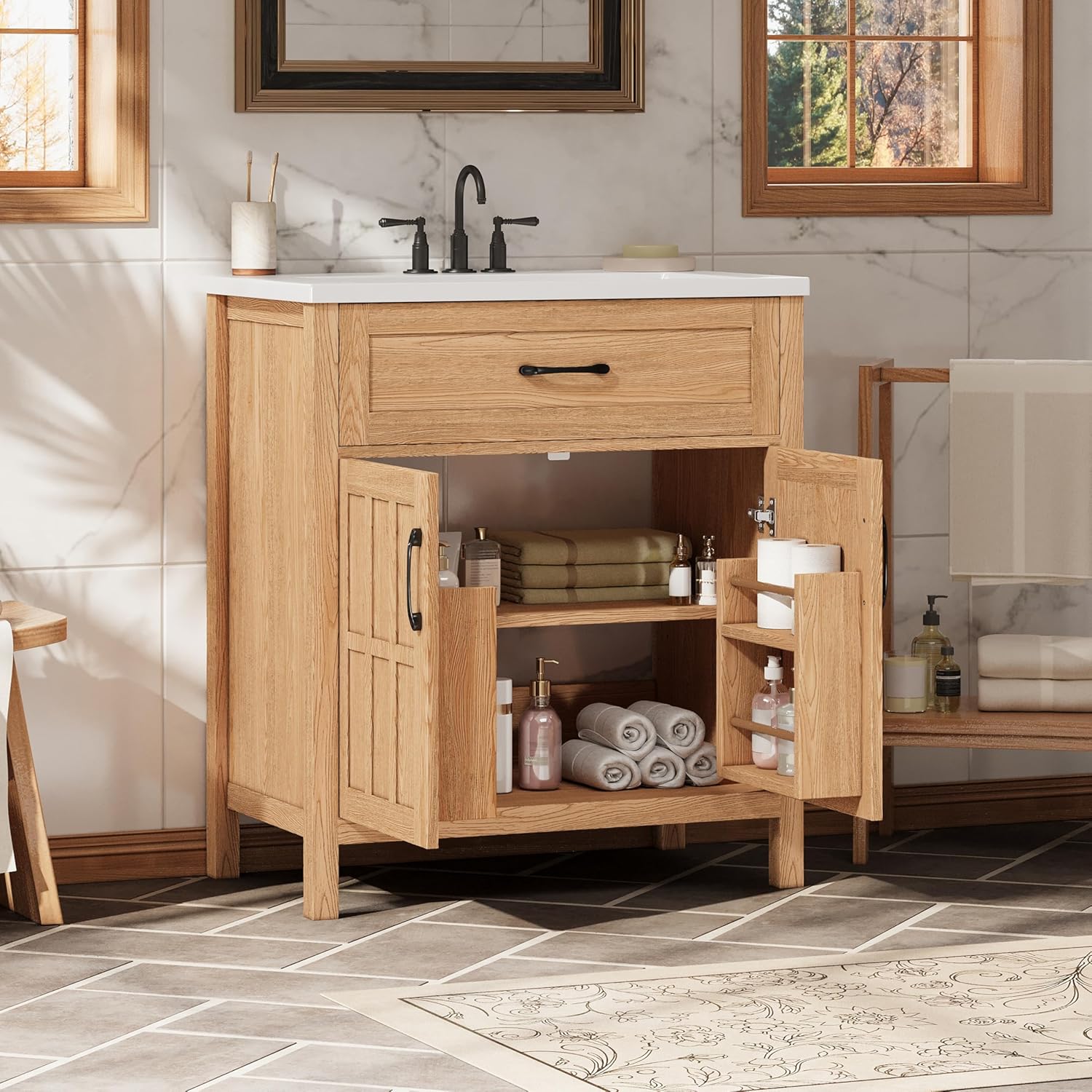 30 Inch Modern Bathroom Vanity with Sink, Free Standing Bathroom Sink Cabinet with Adjustable Shelf & Cabinet Door Organizers for Bathroom, Natural Wood Grain