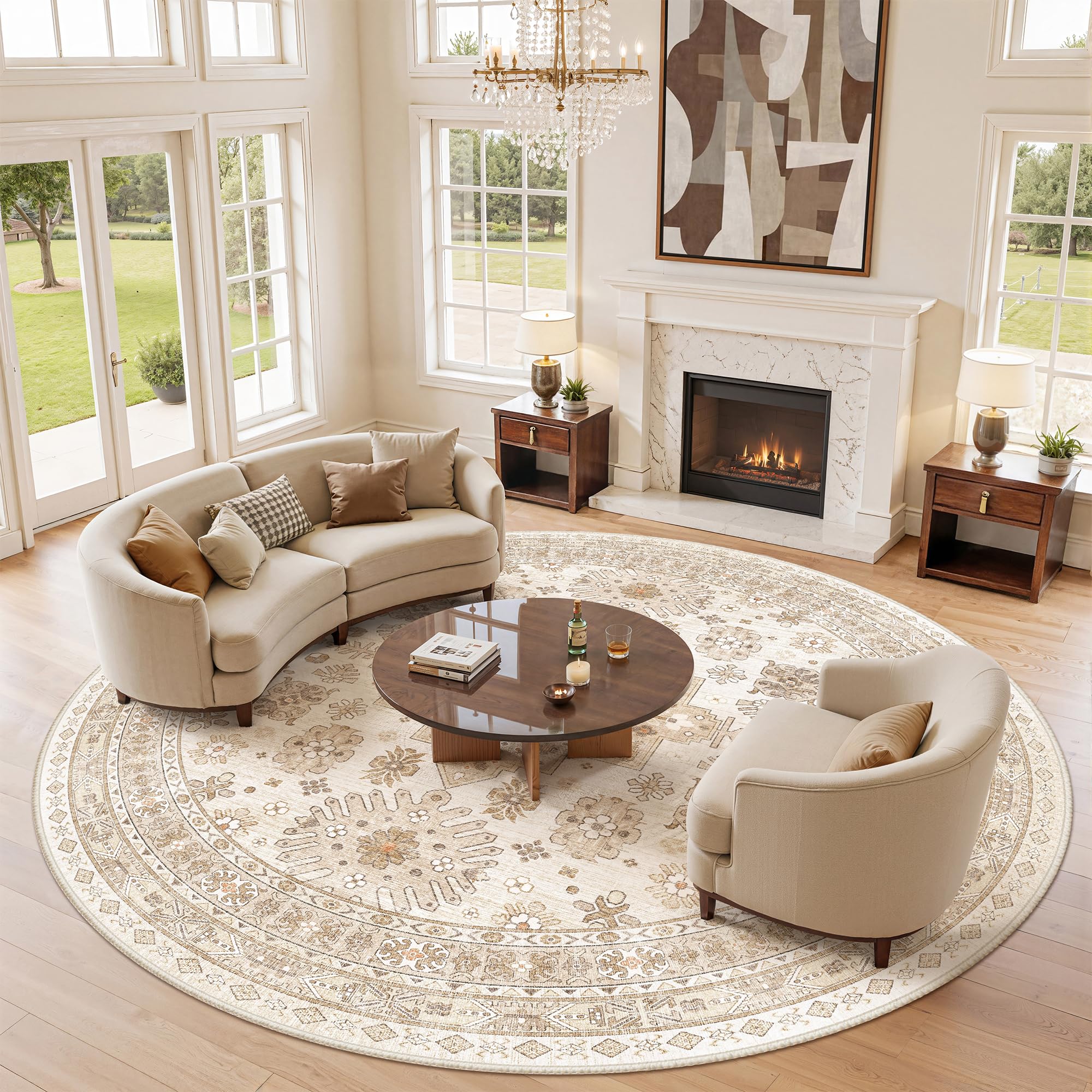 zesthome 8ft Round Rugs for Living Room, Non-Slip Washable Round Area Rugs, Ultra-Thin Large Circle Rugs, Soft Low Pile Rug for Bedroom, Kitchen - Vintage Stain Resistant Round Rug (Cream/Beige,8'x8') โ image 1