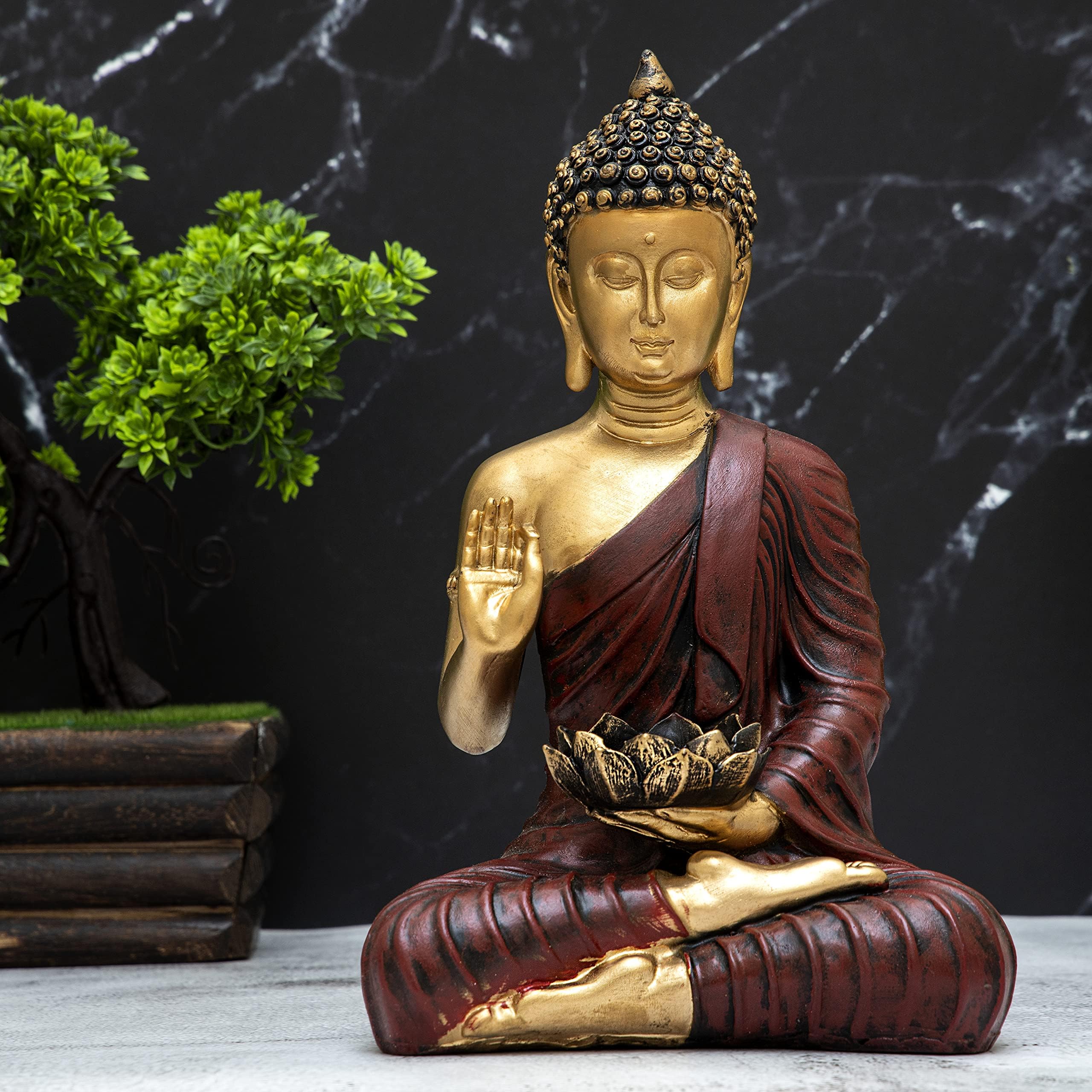 New Sitting Buddha Statue showpiece Idol Home Decor Items for Living Room and Gifts (RED Golden)