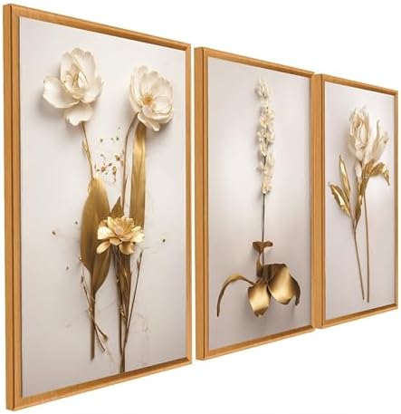 Quadro Decorativo 3 Peças Dourado Floral Branco Ouro Gold Sala Qu...