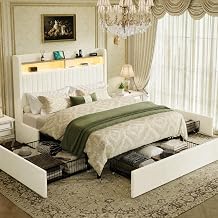SHA CERLIN Full Upholstered Platform Bed Frame with 3 Spacious Storage Drawers, Built-in LED Lights & Charging Station, Vertical Tufted Headboard with Shelf, No Box Spring Needed, Chenille White
