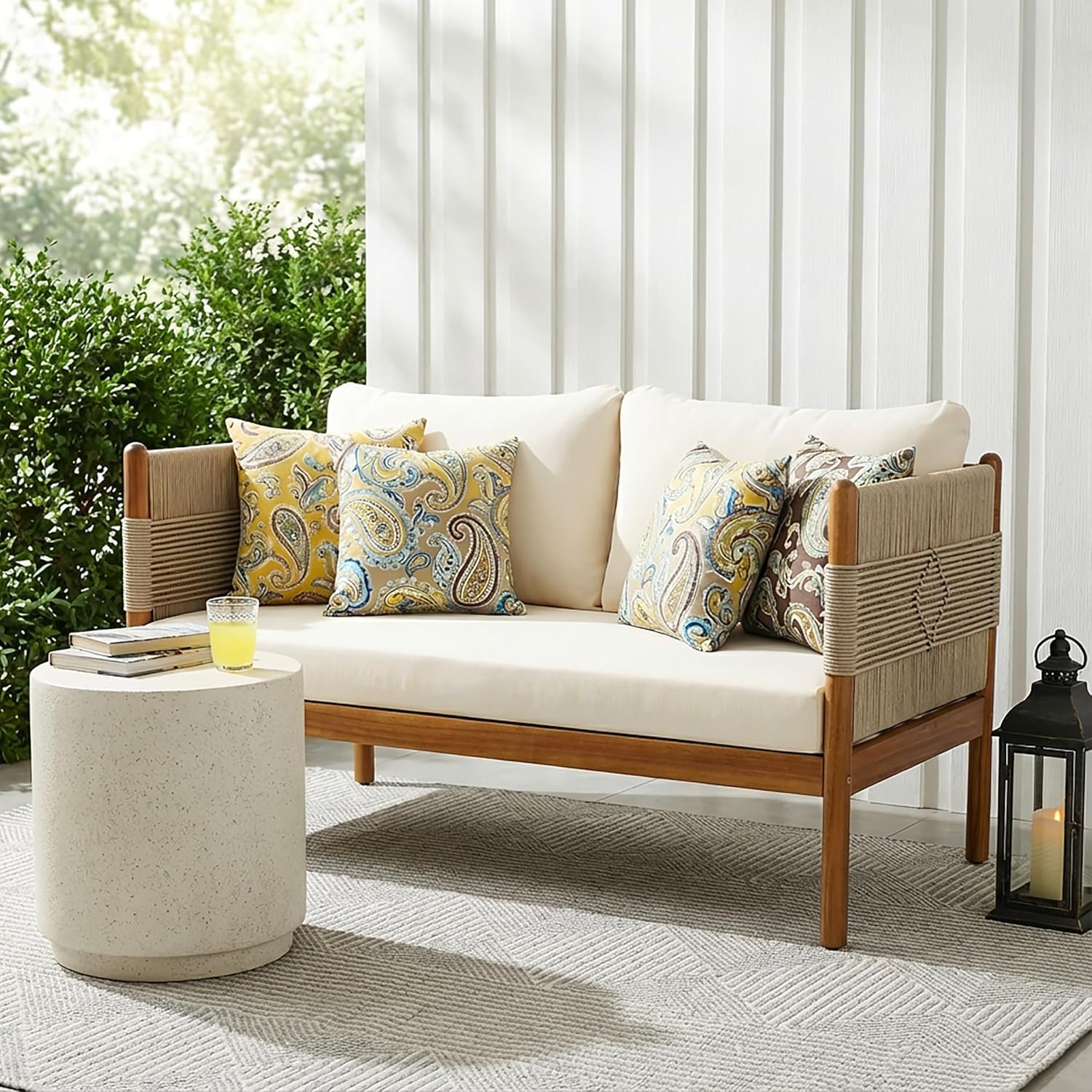 Christopher Knight Home Lenor Acacia Wood Outdoor Loveseat Sofa, Solid Wood Patio 2 Seater Sofa with Removable Cushion, Comfy Lounge Sofa Outdoor for 2 People, Teak+Beige