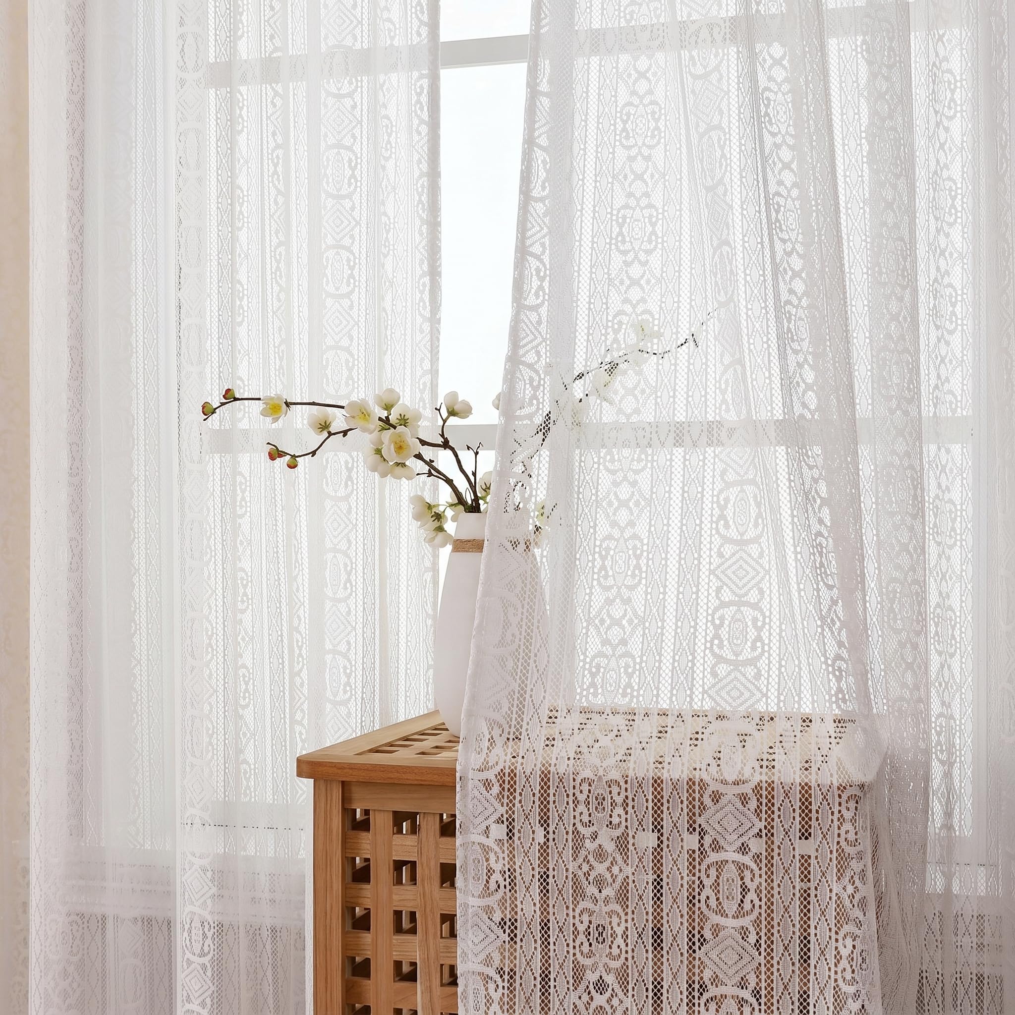 Gazal Vole Boho Crochet Curtains for Living Room and Doors – Shabby Chic Lace Window Drapes, Vintage Geometric Macrame Net Curtains, Sheer Liner for Bedroom, Rustic Style (White, 2 Panels)-55x63 inch