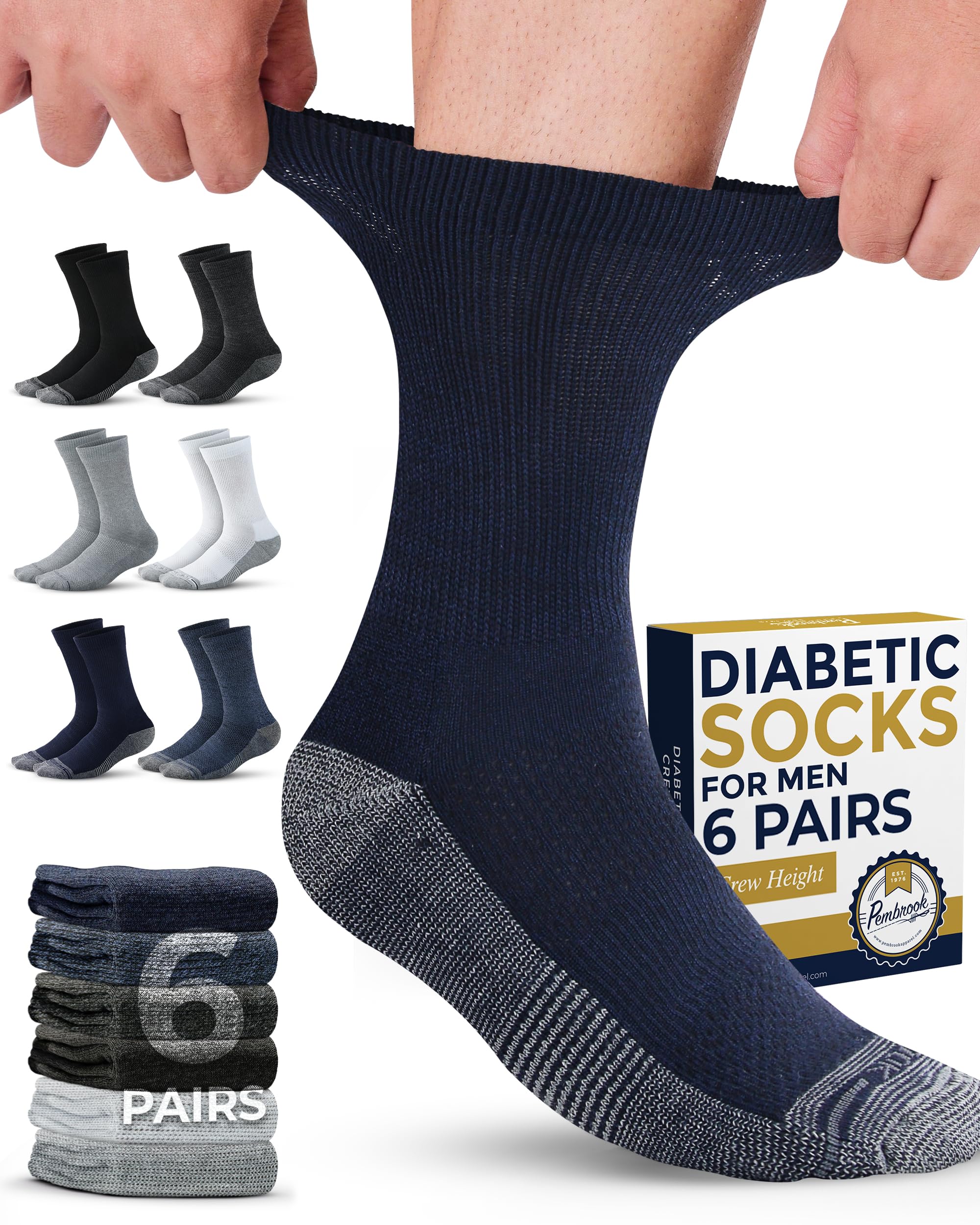 Pembrook Diabetic Socks for Men - 6 Pairs Crew Diabetic Neuropathy Socks for Men | Non BindingOEKO-TEX STANDARD 100