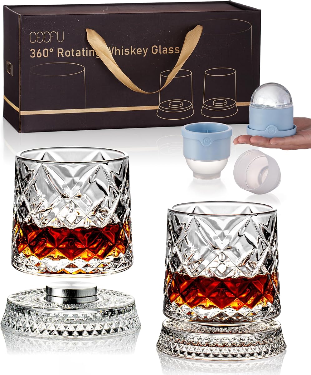 CEEFU 360° Spinning Whiskey Glasses Set with Gift Box, Set of 2