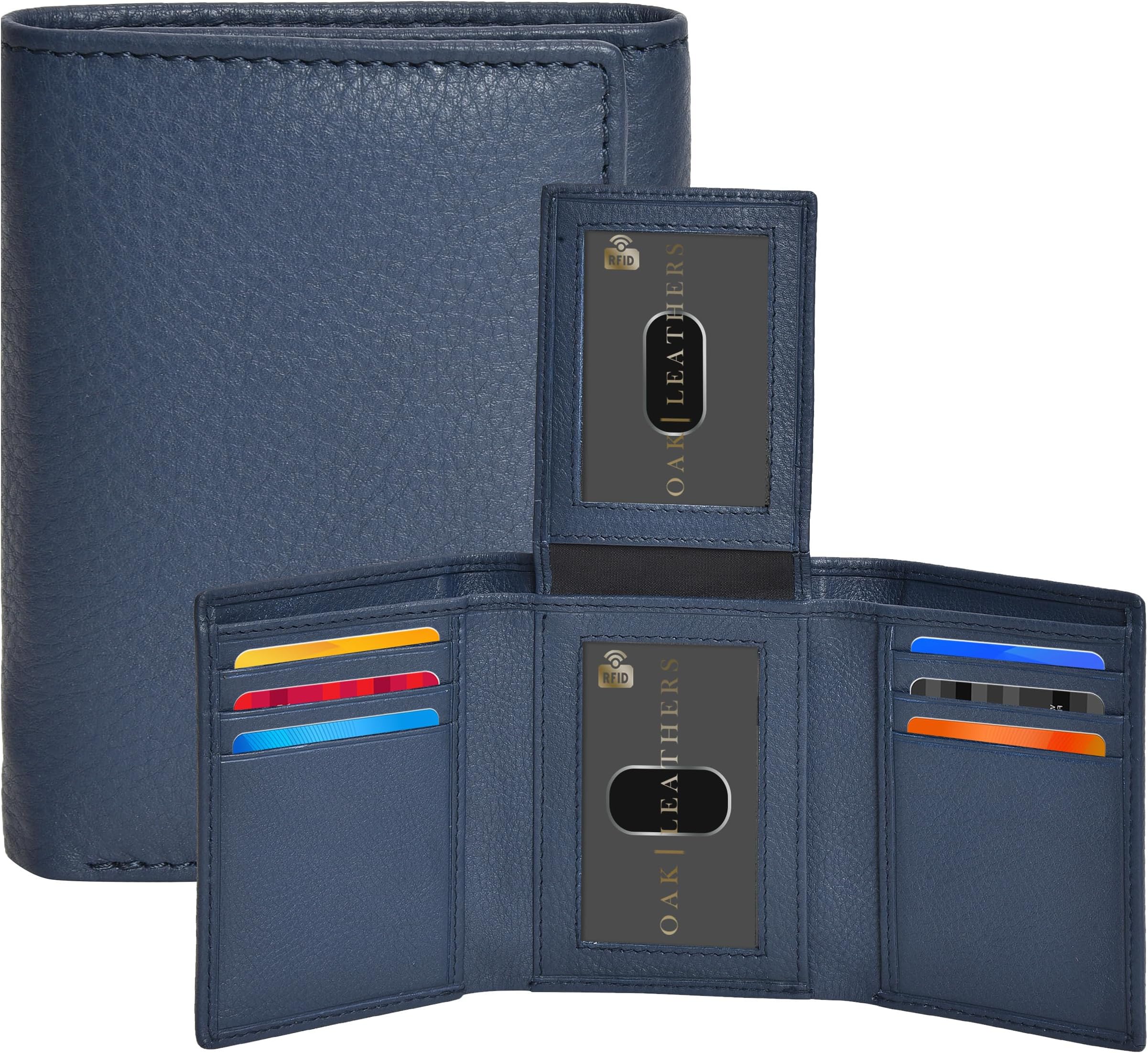 Real Leather Mens Trifold Wallet RFID Blocking Slim Minimalist Front Pocket - Thin & Stylish with ID Window in Gift Box (Blue)