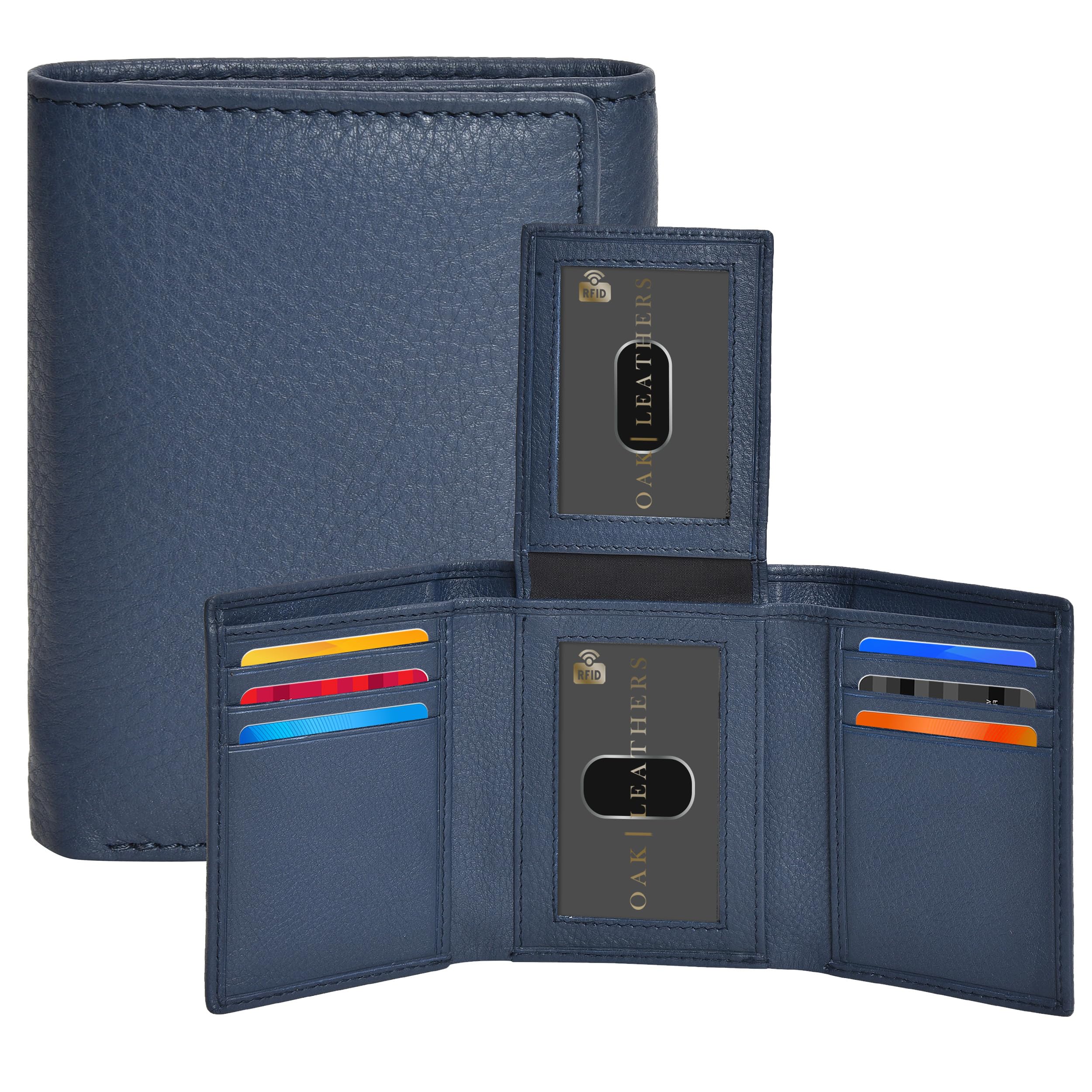 Ideal for Travel | Rich Blue Trifold Leather Wallet for Men | 9 Credit Card Slots | Minimalistic Design | 2 ID Slots