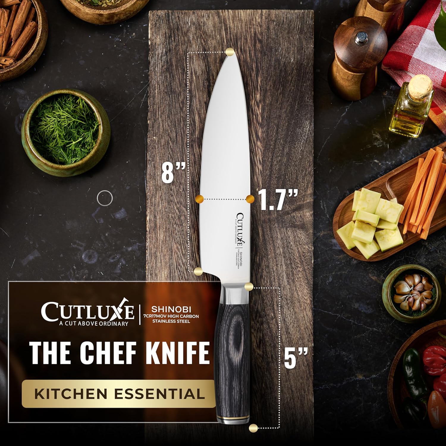 Cutluxe Chef Knife – Ultra Sharp 8" Japanese Kitchen Knife, High Carbon Stainless Steel Blade, Full Tang Pakkawood Handle – Shinobi Series - Image 6